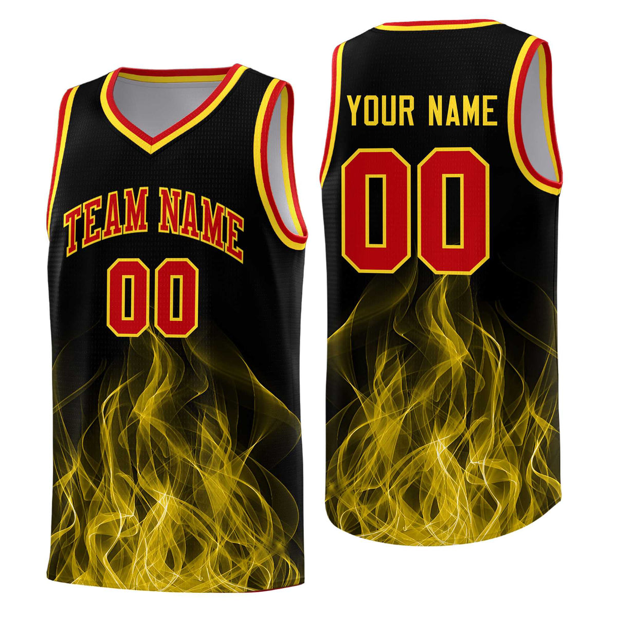 Custom Youth Basketball Jersey Black Gold Flame Design Unique Team Uniform Set