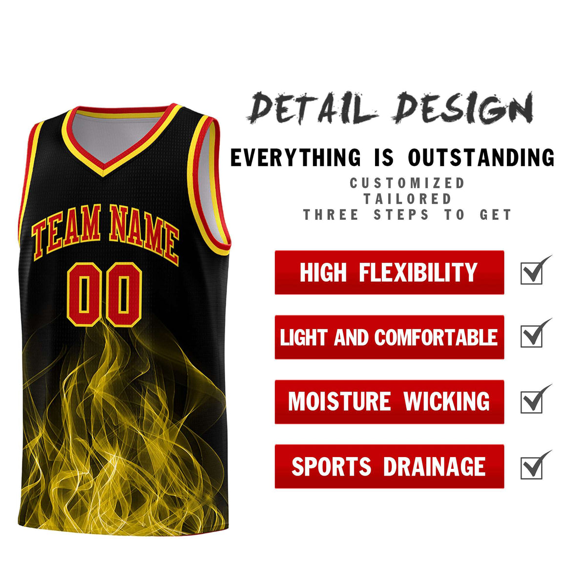 Custom Youth Basketball Jersey Black Gold Flame Design Unique Team Uniform Set