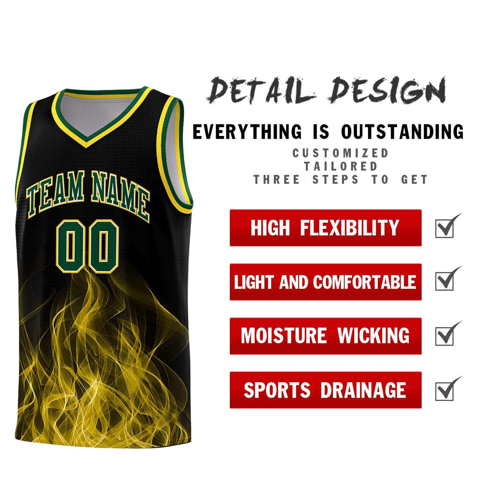 Custom Youth Basketball Jersey Black Gold Flame Design Personalized Team Uniform Set