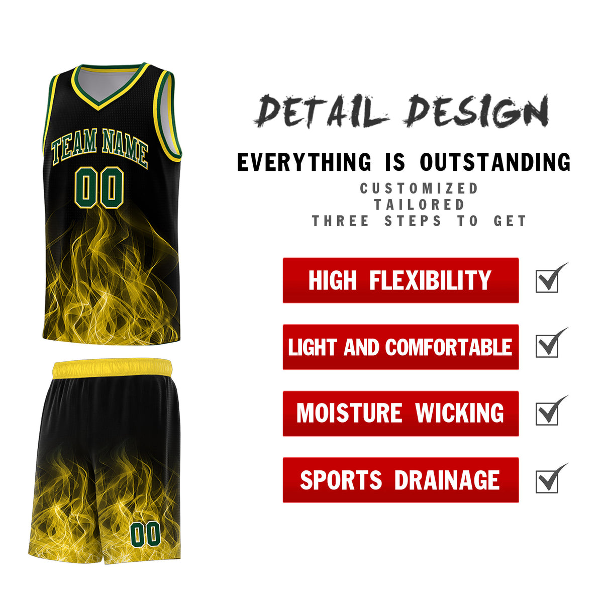 Custom Youth Basketball Jersey Black Gold Flame Design Personalized Team Uniform Set