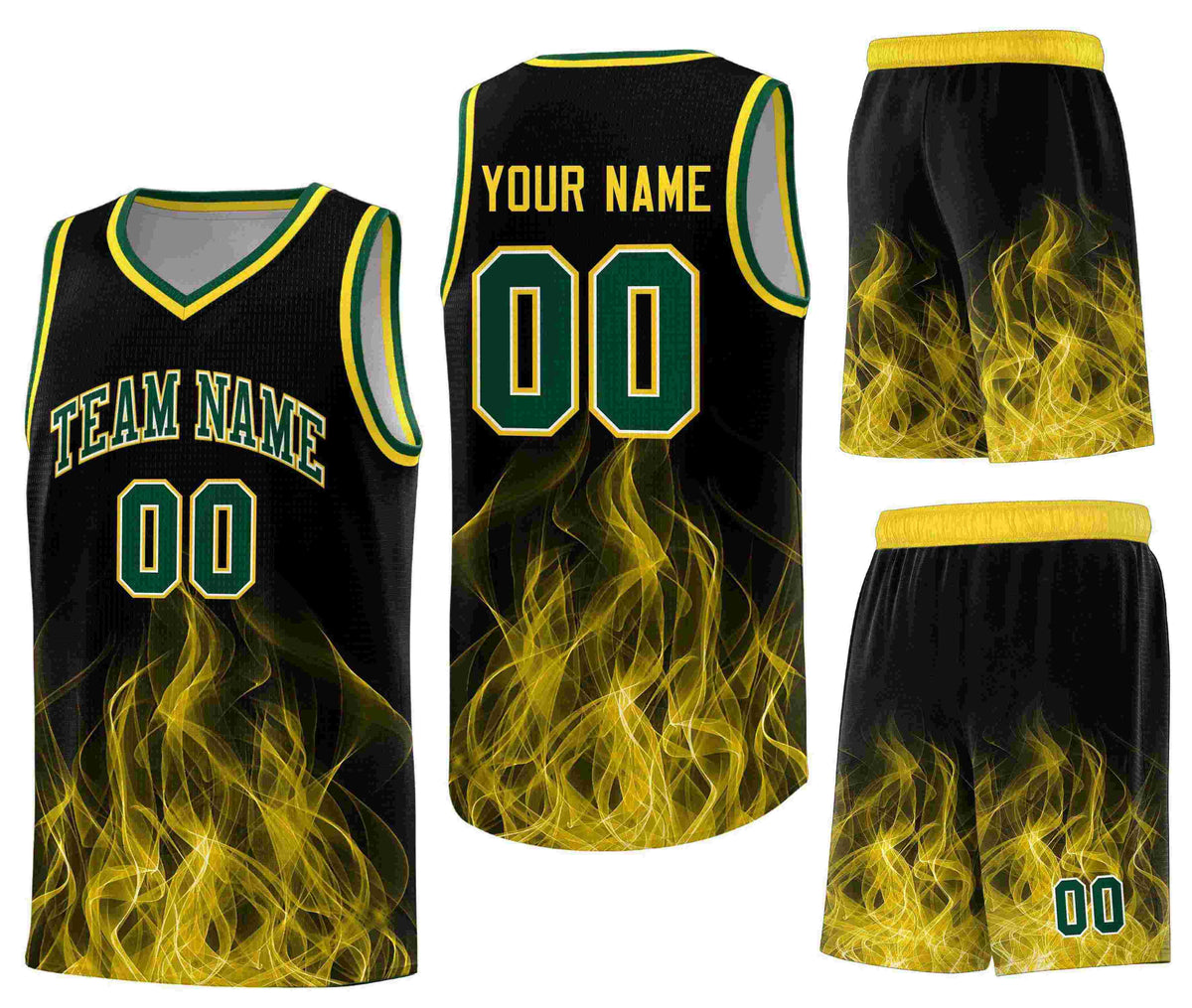 Custom Black Gold Flame Graffiti Pattern Lightweight Personalized Uniform Basketball Jersey