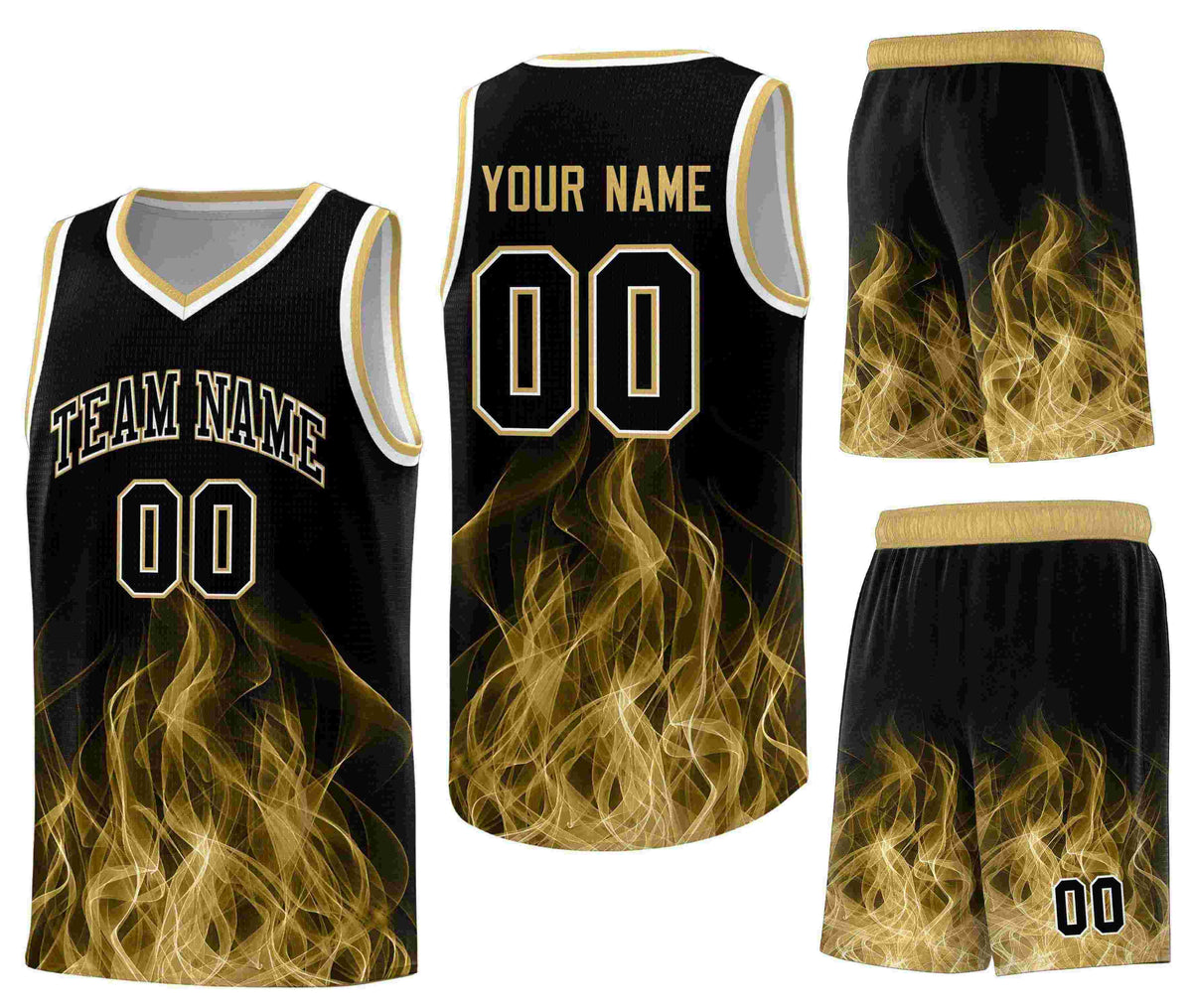 Custom Black Old Gold Flame Graffiti Pattern Wrinkle-Resistant Personalized Uniform Basketball Jersey