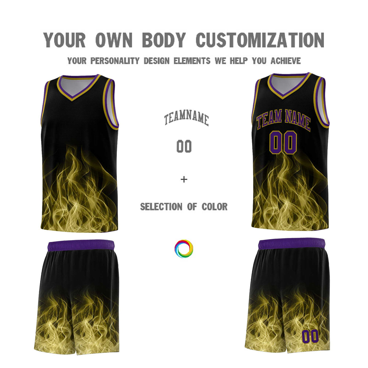 Custom Youth Basketball Jersey Black Purple Flame Design Unique Team Uniform Set