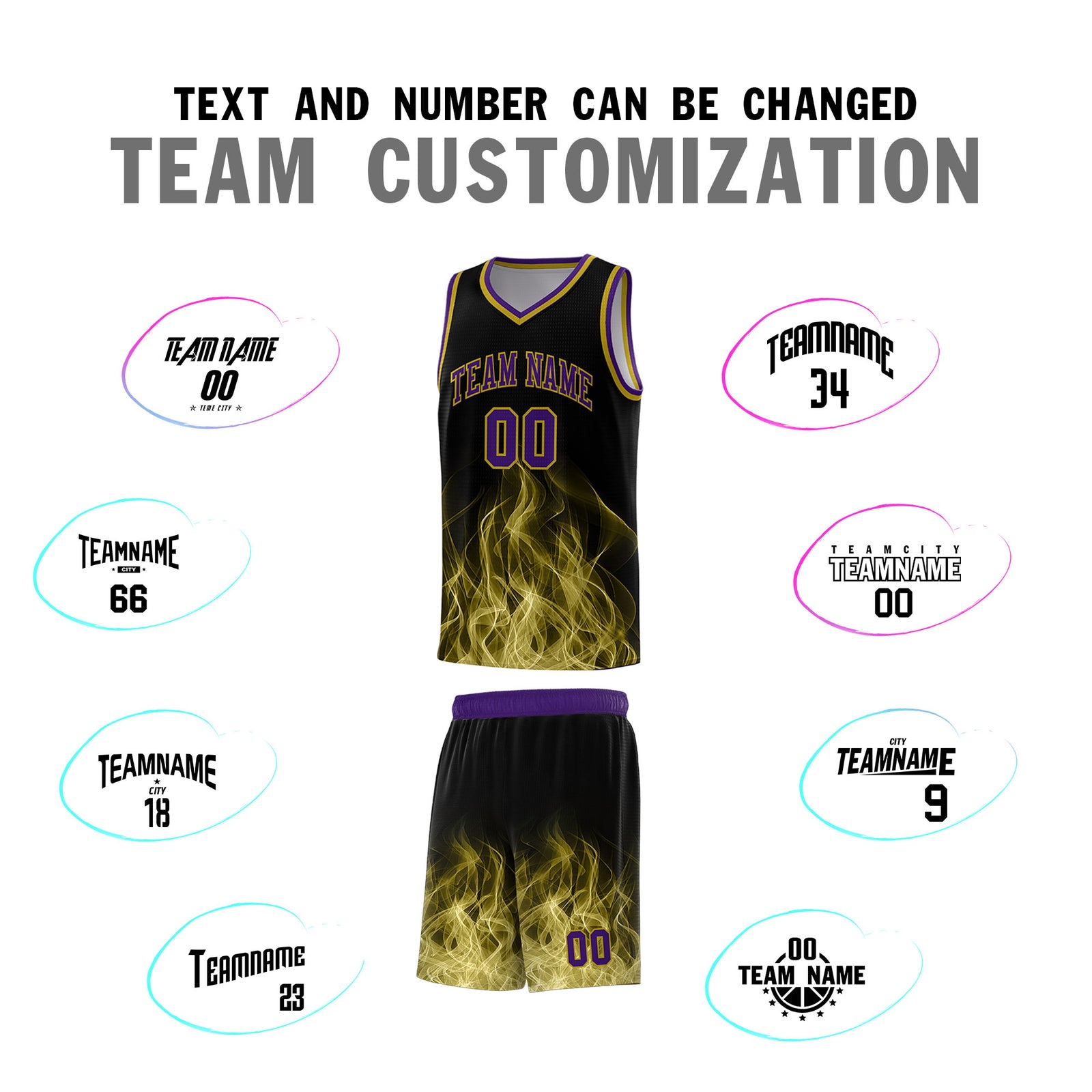 Custom Youth Basketball Jersey Black Purple Flame Design Unique Team Uniform Set