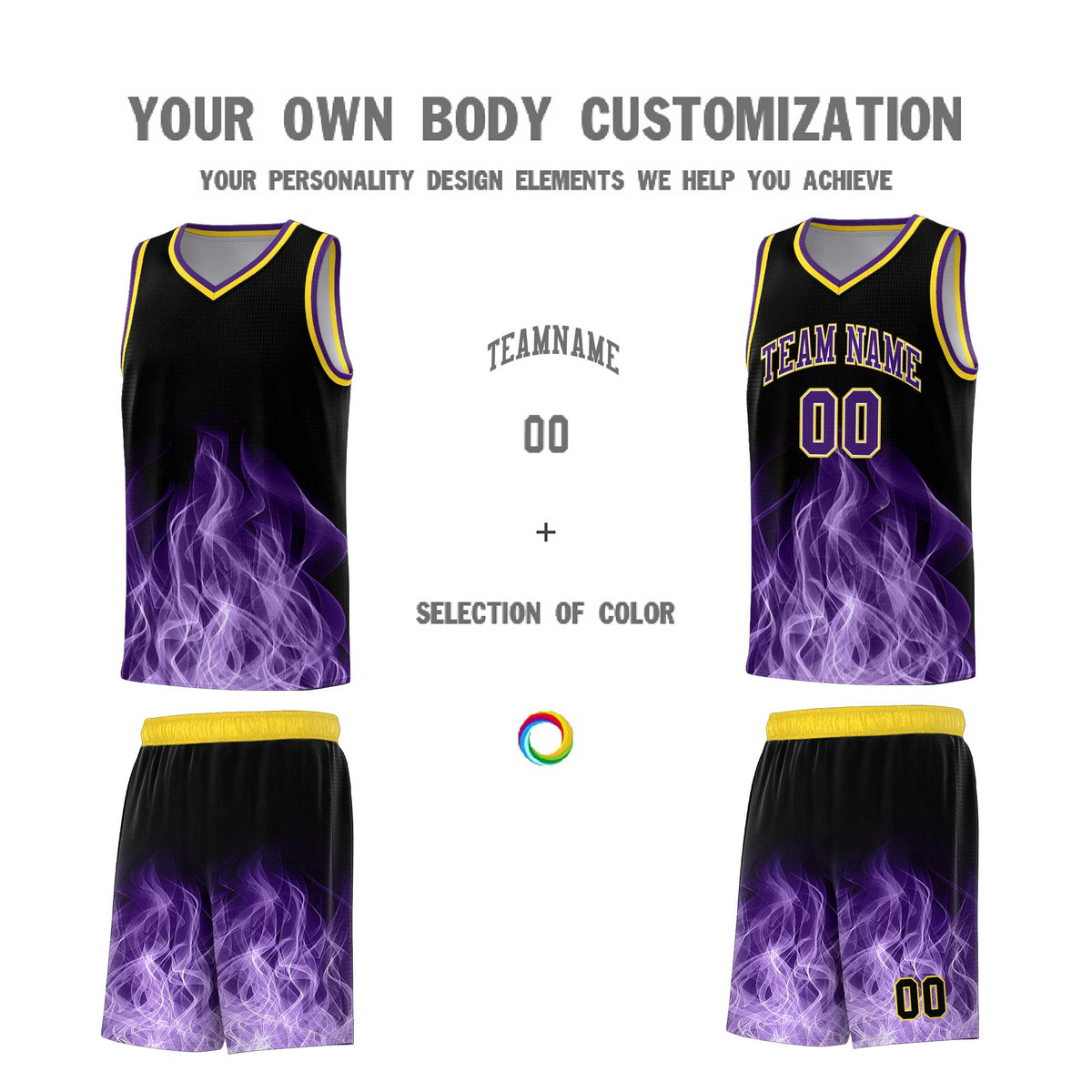 Custom Youth Basketball Jersey Black Gold Flame Design Personalized Team Uniform Set