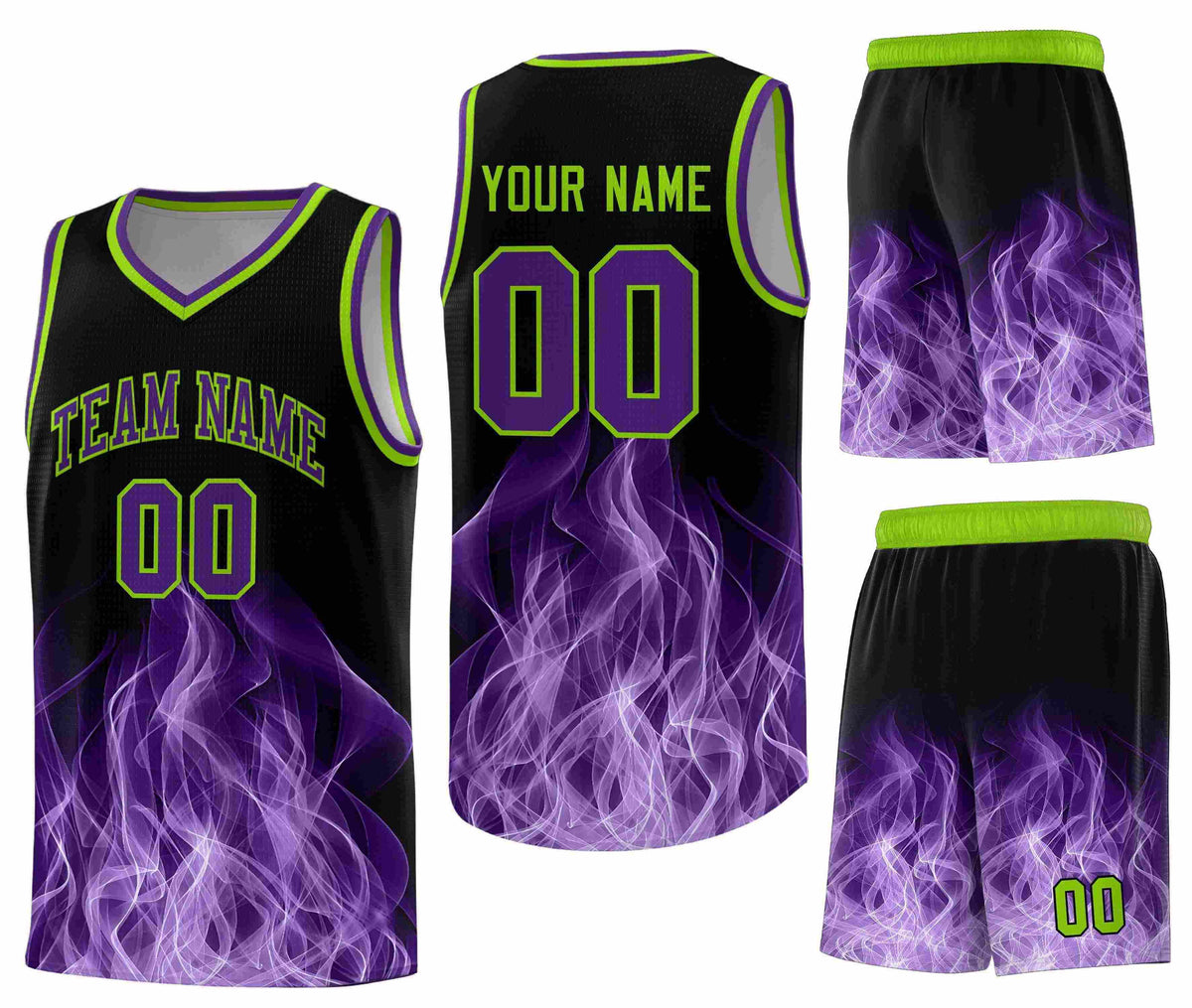 Custom Black Neon Green Flame Graffiti Pattern Breathable Personalized Uniform Basketball Jersey