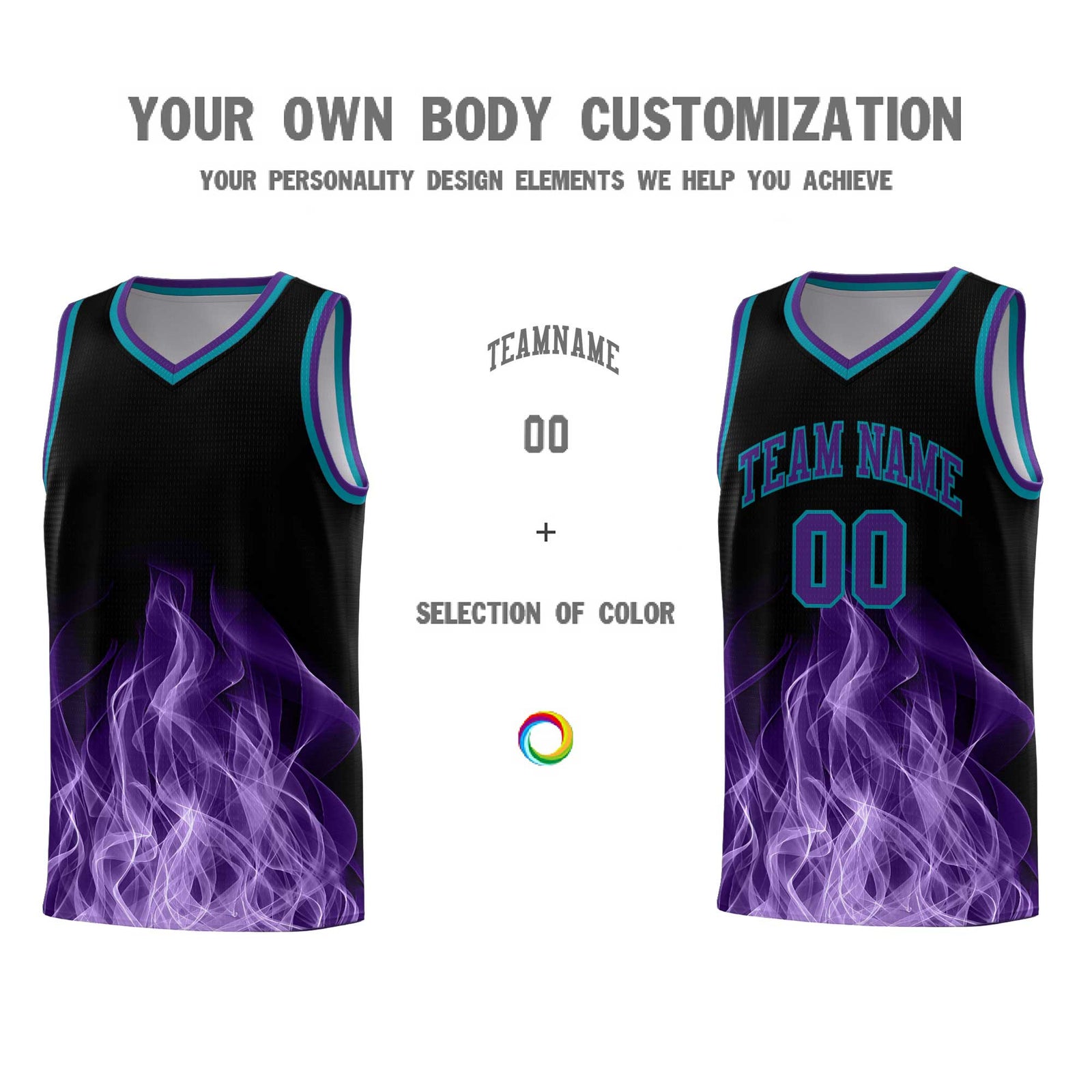 Custom Youth Basketball Jersey Black Teal Flame Design Unique Team Uniform Set