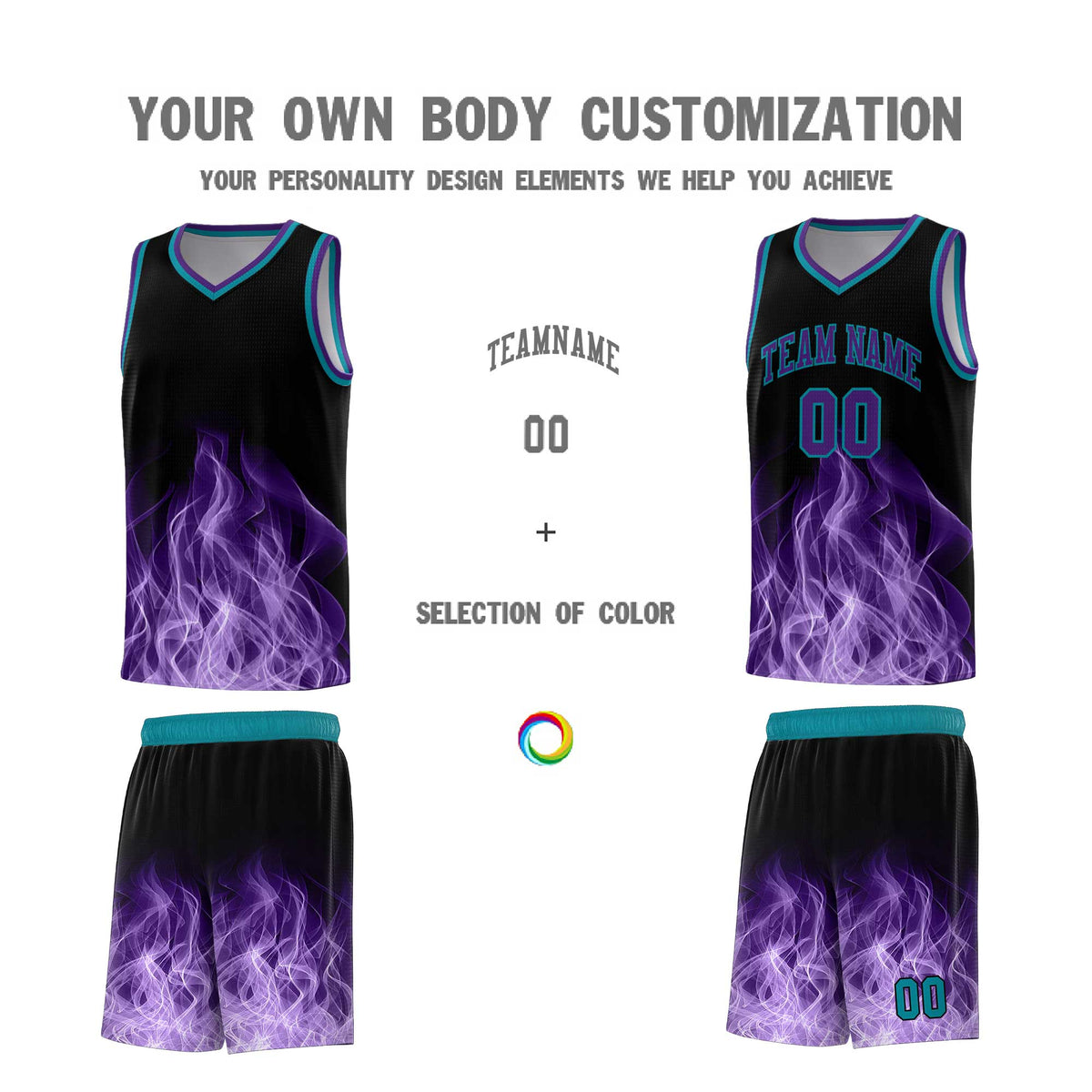 Custom Youth Basketball Jersey Black Teal Flame Design Unique Team Uniform Set