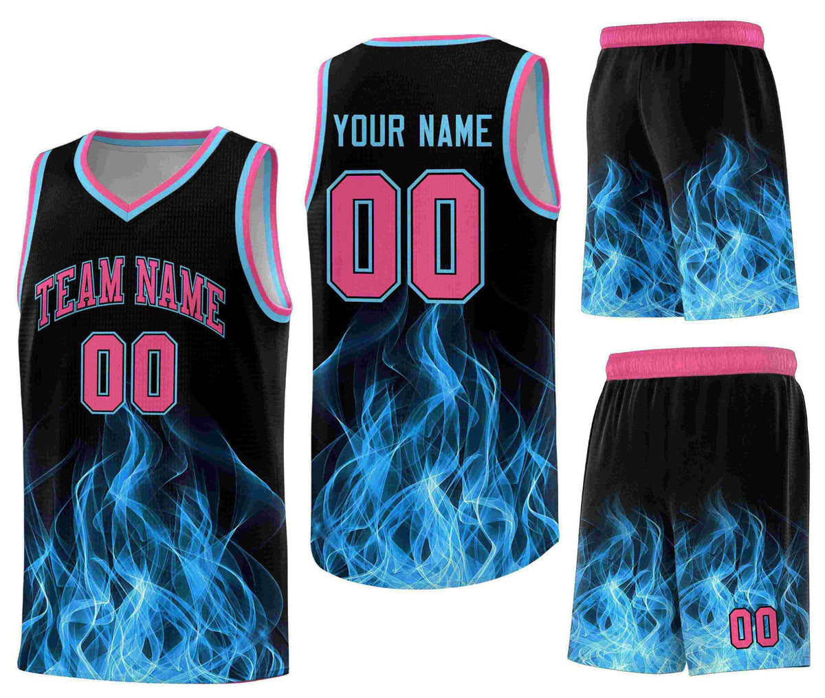 Custom Black Pink Flame Graffiti Pattern Sublimation Printing Personalized Uniform Basketball Jersey