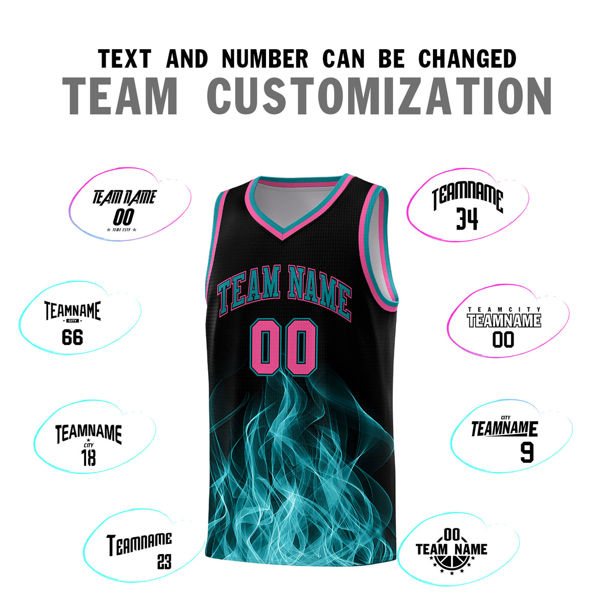 Custom Youth Basketball Jersey Black Teal Flame Fire Design Personalized Team Uniform Set