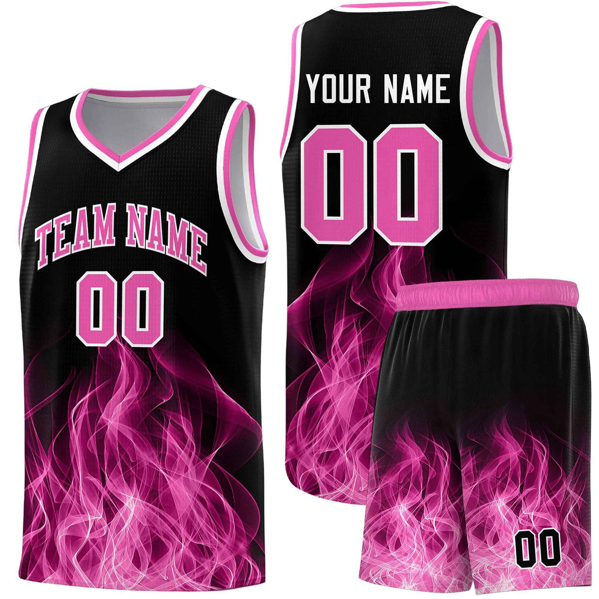 Custom Youth Basketball Jersey Black Pink Flame Fire Design Personalized Team Uniform Set