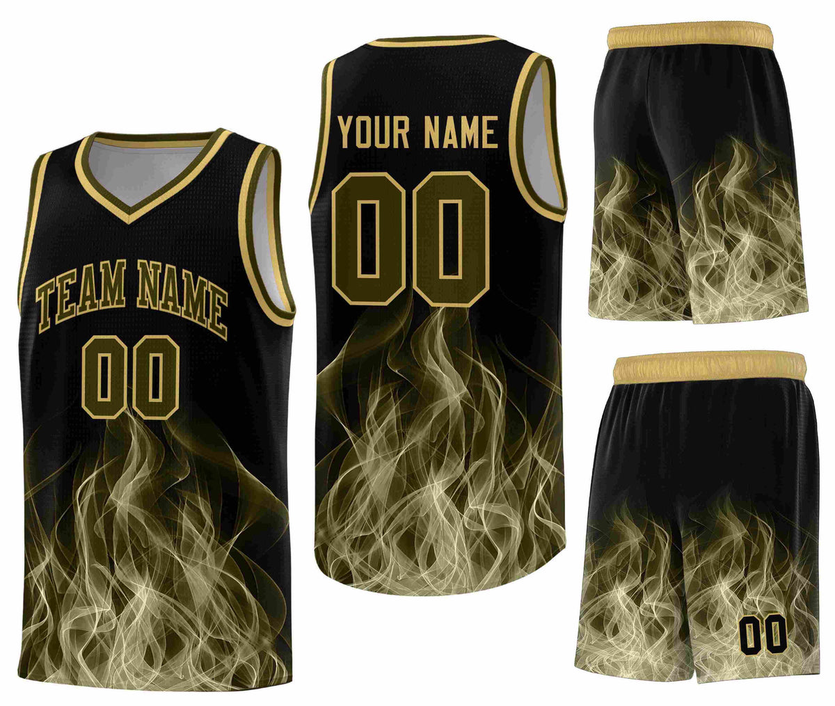 Custom Black Khaki Flame Graffiti Pattern Sublimation Printing Personalized Uniform Basketball Jersey