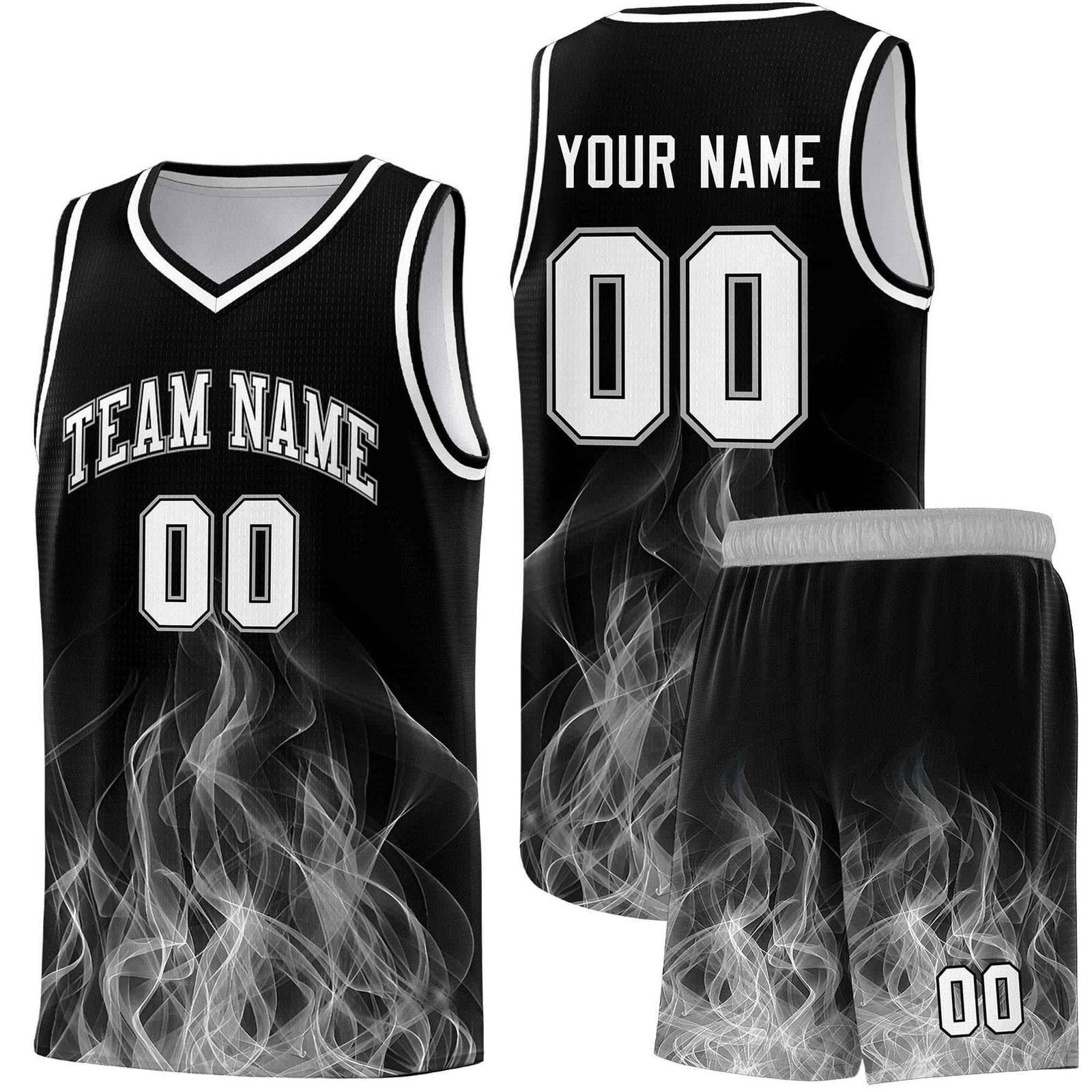 Custom Youth Basketball Jersey Black Gray Flame Fire Design Personalized Team Uniform Set
