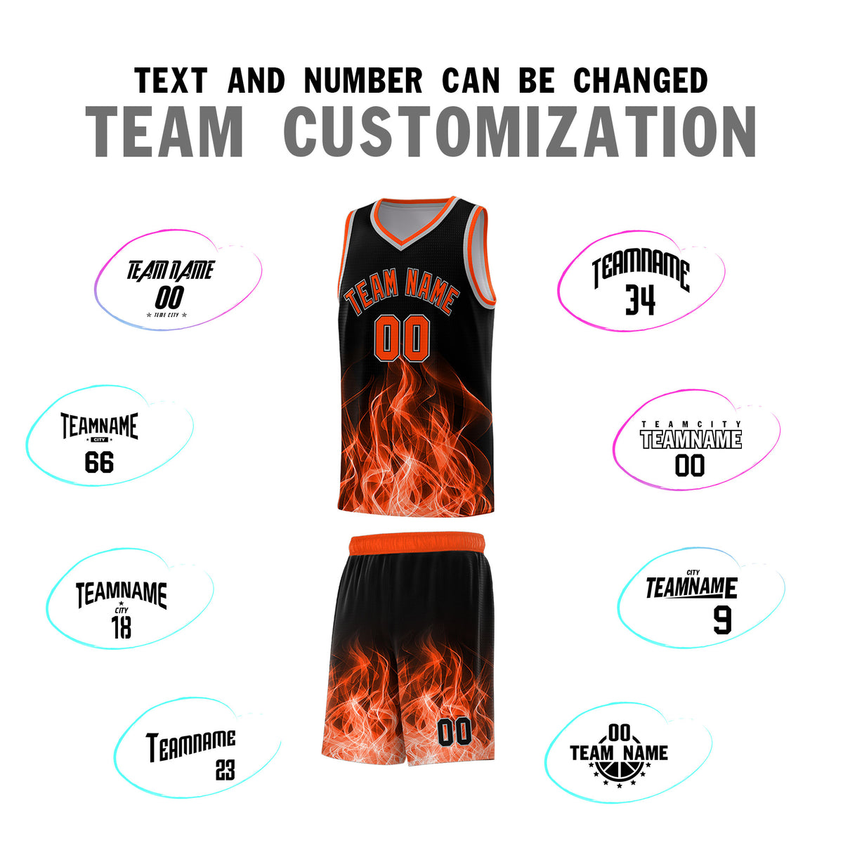 Custom Youth Basketball Jersey Black Orange Flame Design Unique Team Uniform Set