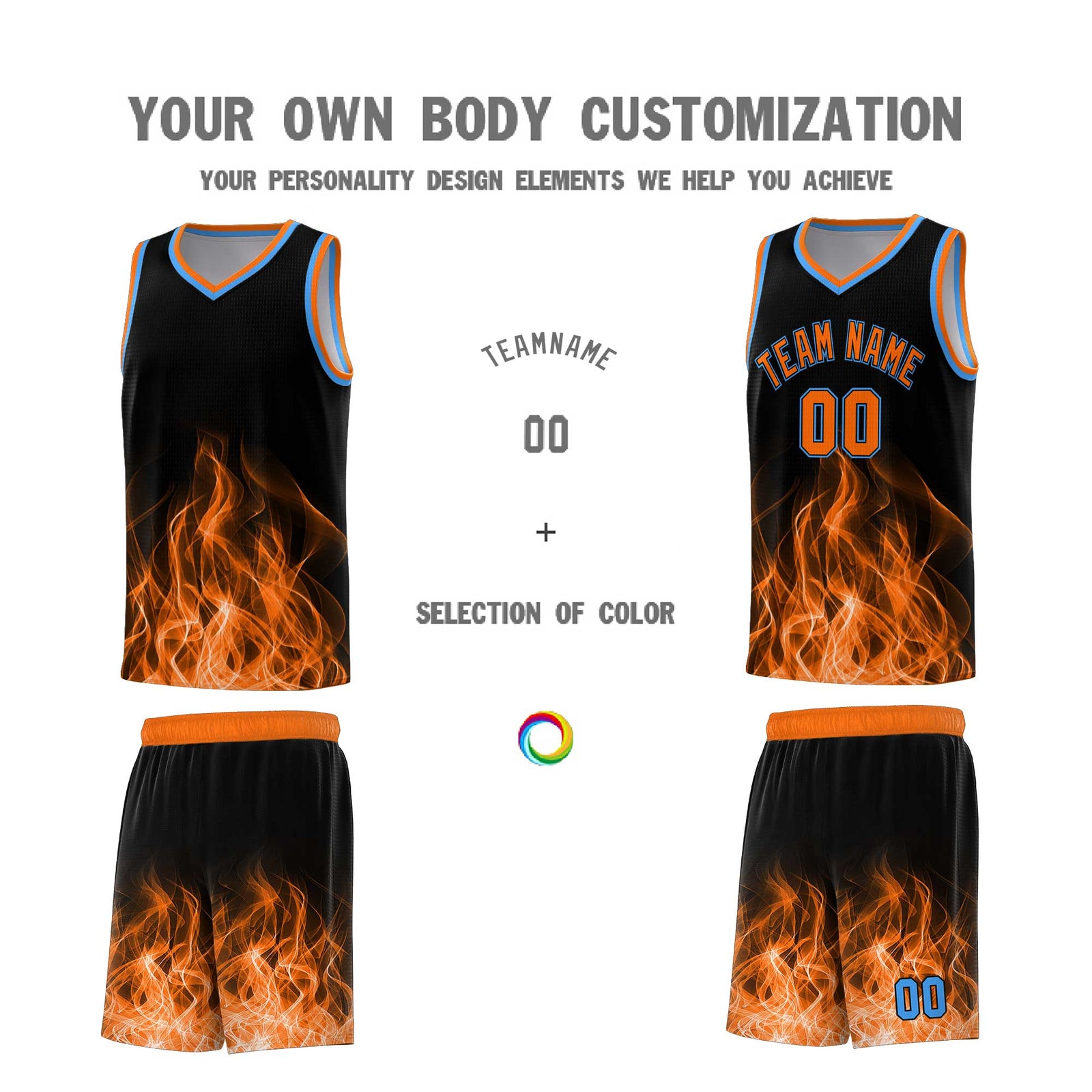 Custom Youth Basketball Jersey Black Orange Flame Design Personalized Team Uniform Set