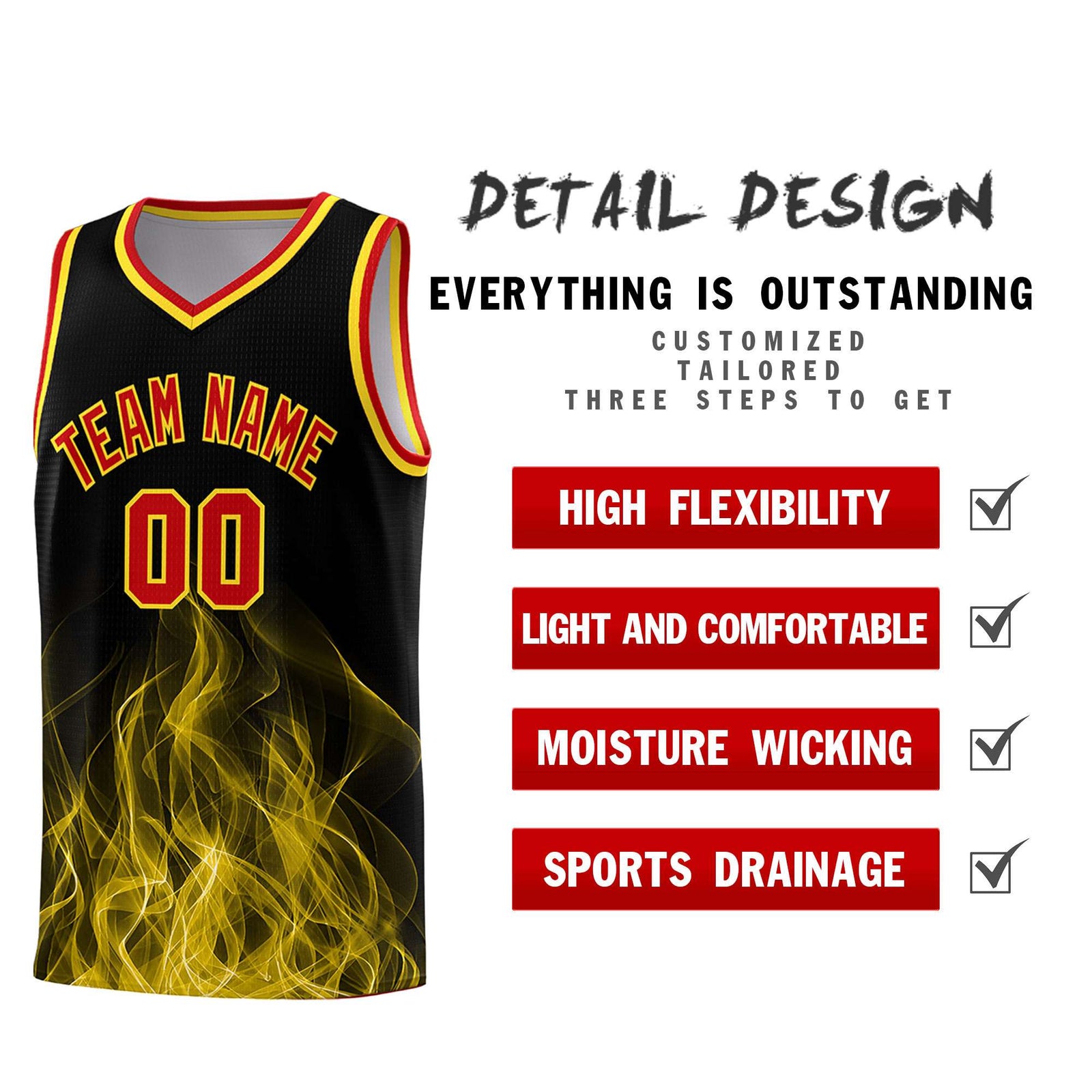 Custom Youth Basketball Jersey Black Gold Flame Design Unique Team Uniform Set