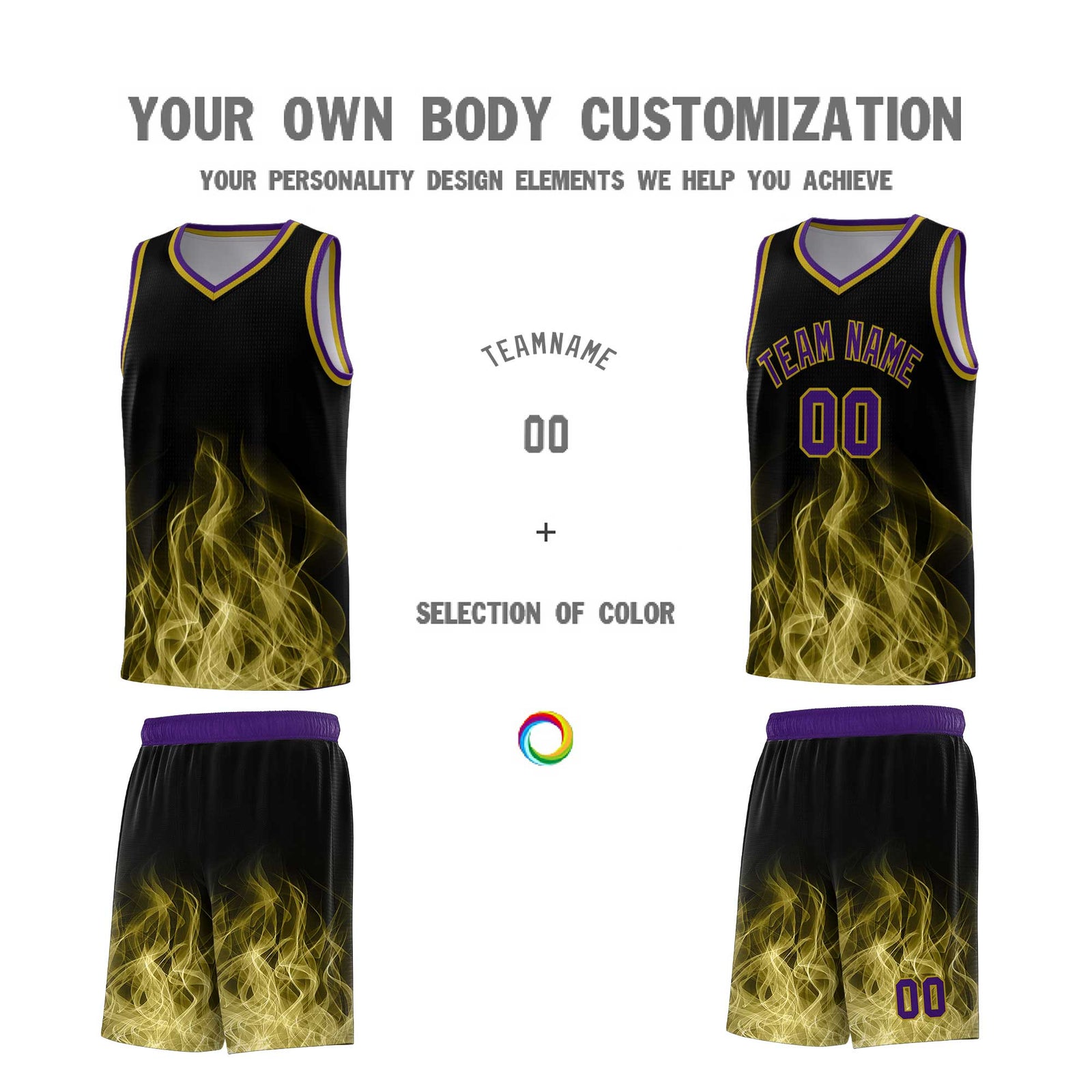 Custom Youth Basketball Jersey Black Purple Flame Design Unique Team Uniform Set