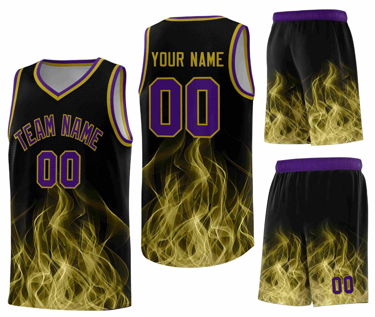 Custom Black Purple Flame Graffiti Pattern Drapable Personalized Uniform Basketball Jersey