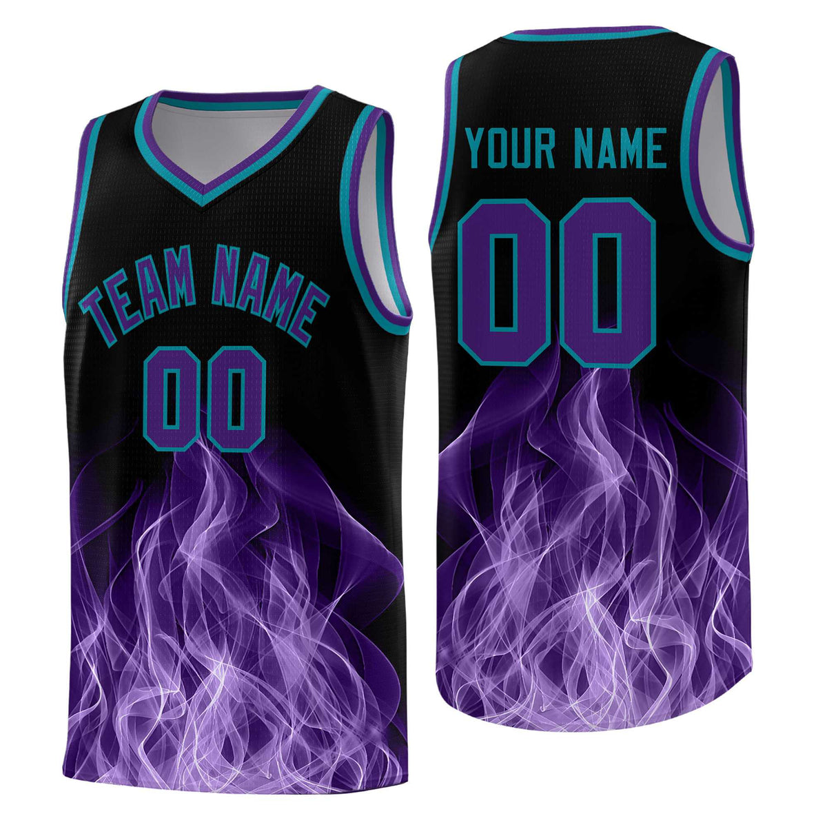 Custom Youth Basketball Jersey Black Teal Flame Design Unique Team Uniform Set