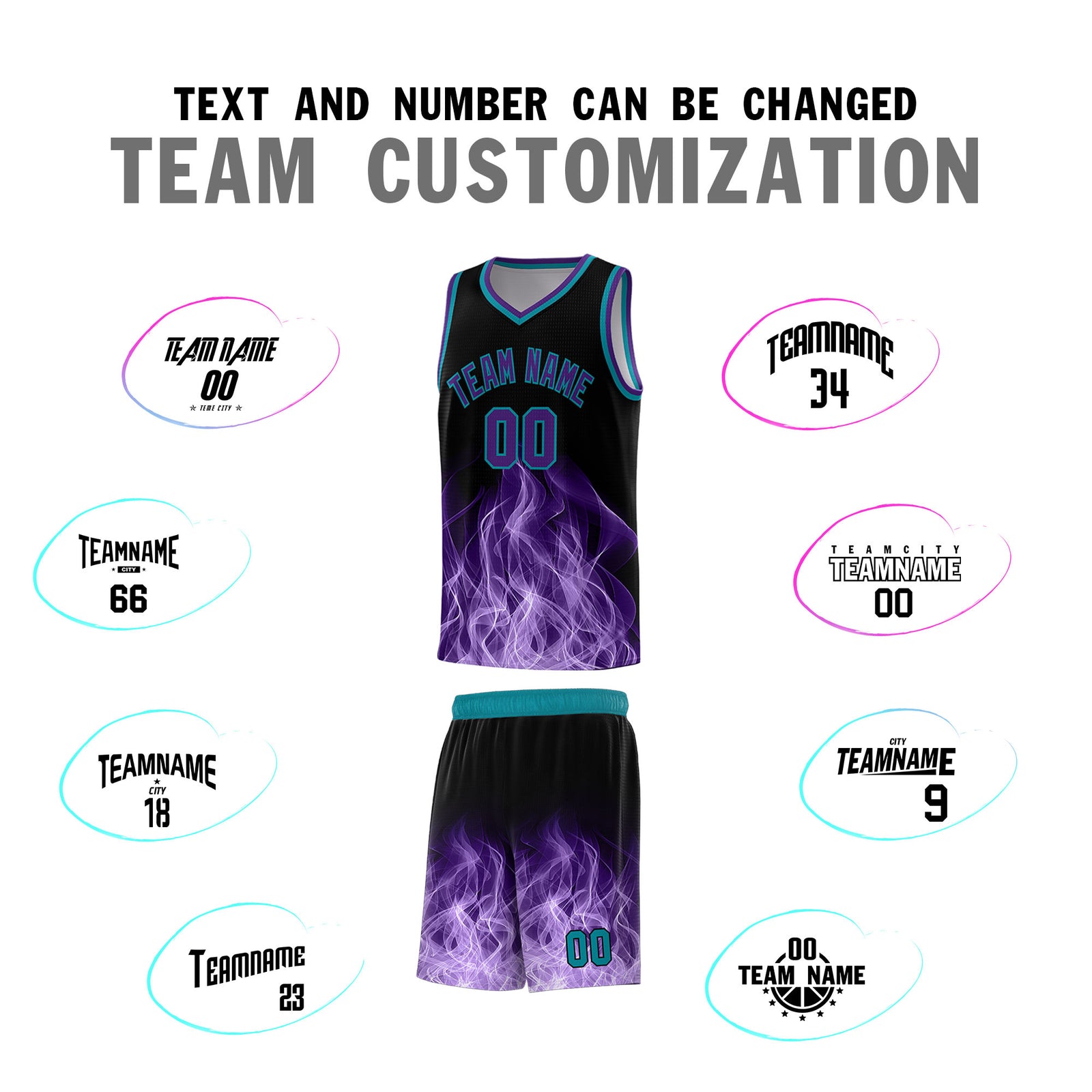 Custom Youth Basketball Jersey Black Teal Flame Design Unique Team Uniform Set