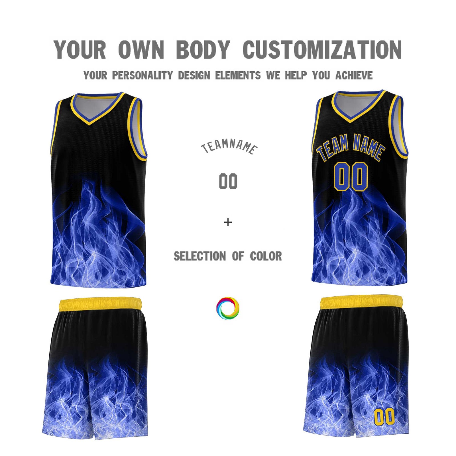 Custom Youth Basketball Jersey Black Gold Flame Fire Design Personalized Team Uniform Set
