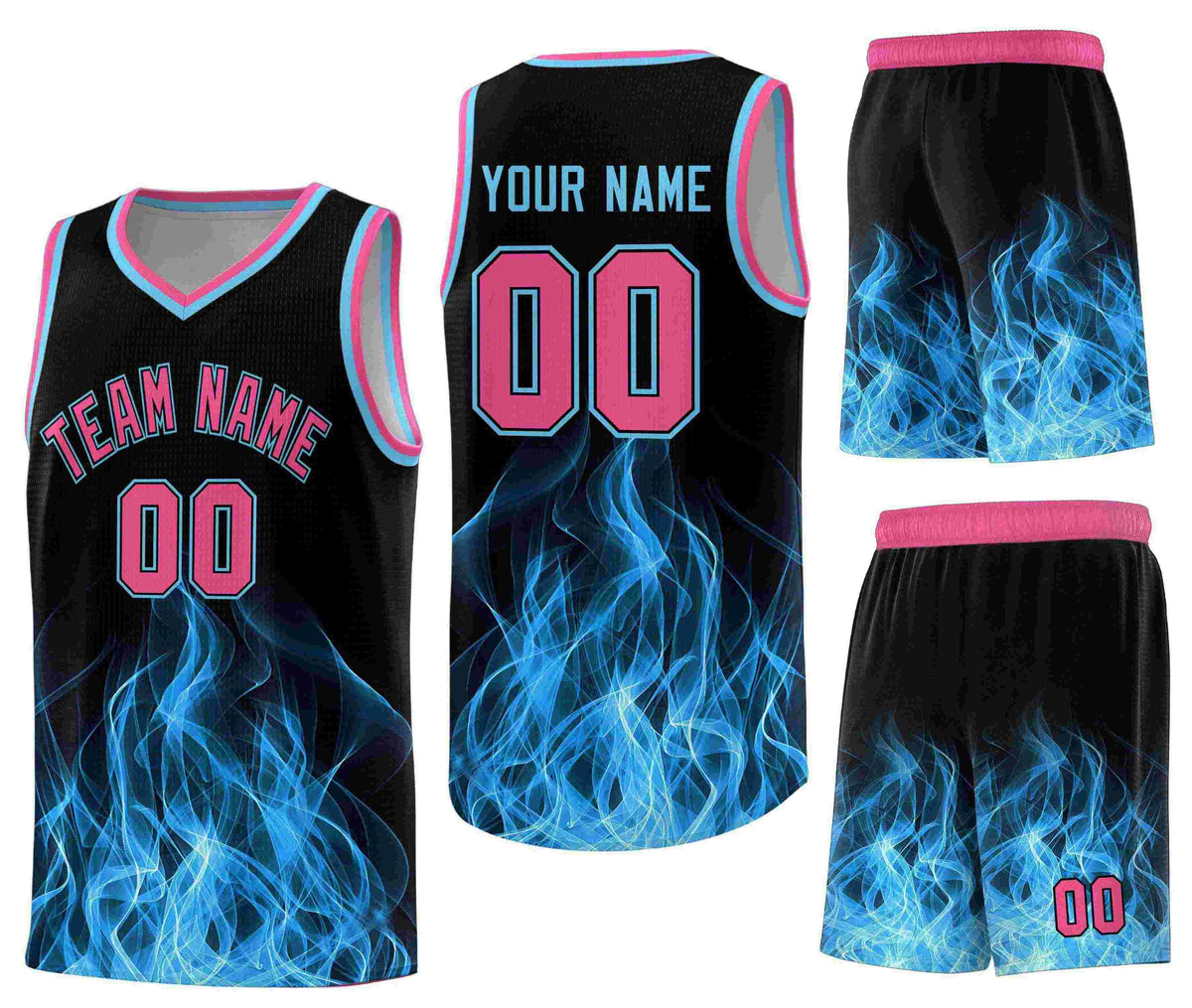 Custom Black Pink Flame Graffiti Pattern Sublimation Printing Personalized Uniform Basketball Jersey