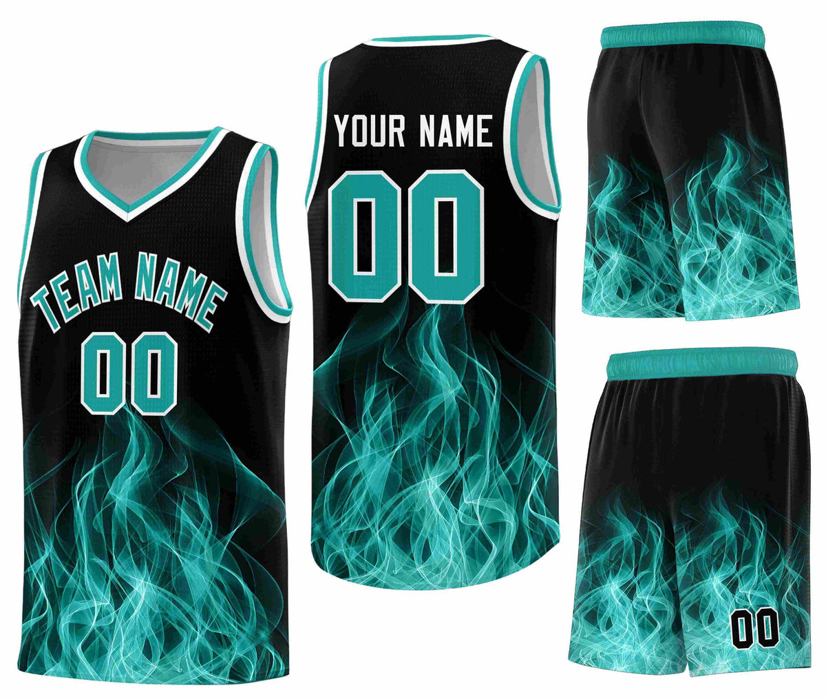 Custom Black Aqua Flame Graffiti Pattern Quick-Drying Personalized Uniform Basketball Jersey
