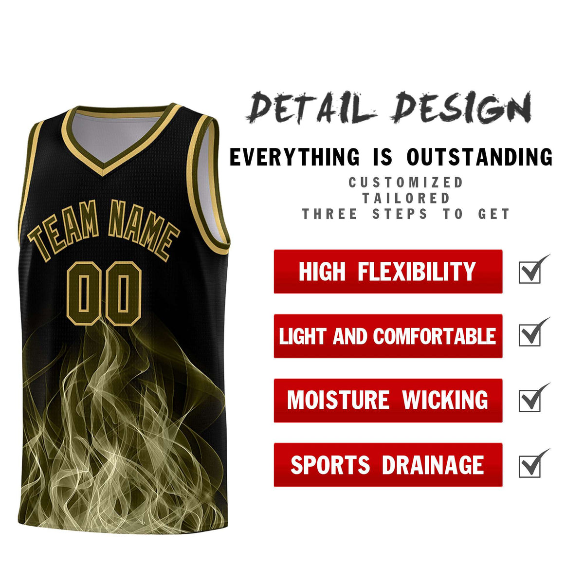 Custom Youth Basketball Jersey Black Khaki Flame Design Personalized Team Uniform Set