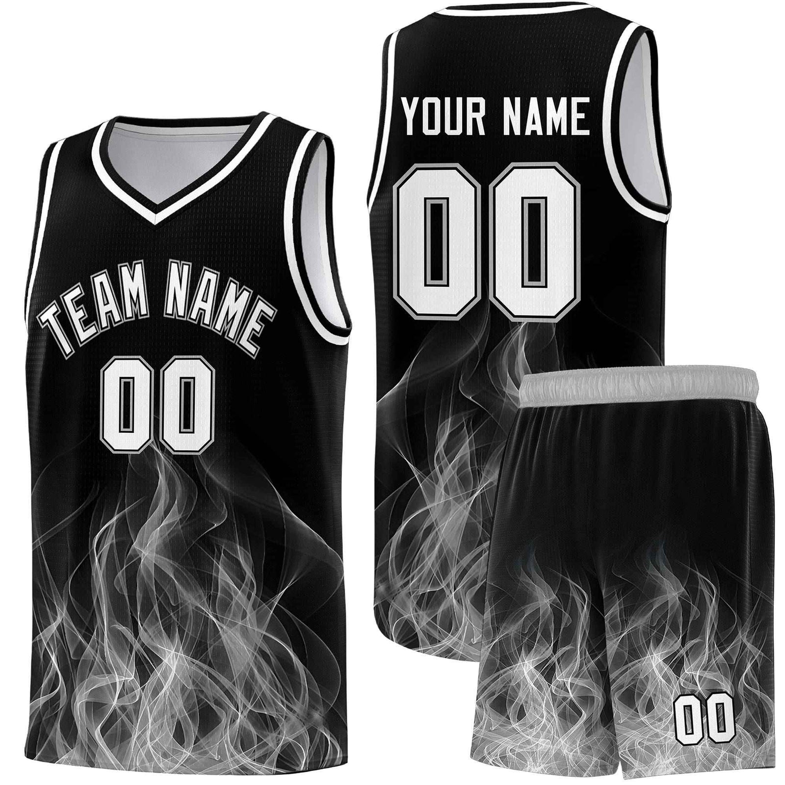 Custom Youth Basketball Jersey Black Gray Flame Fire Design Personalized Team Uniform Set