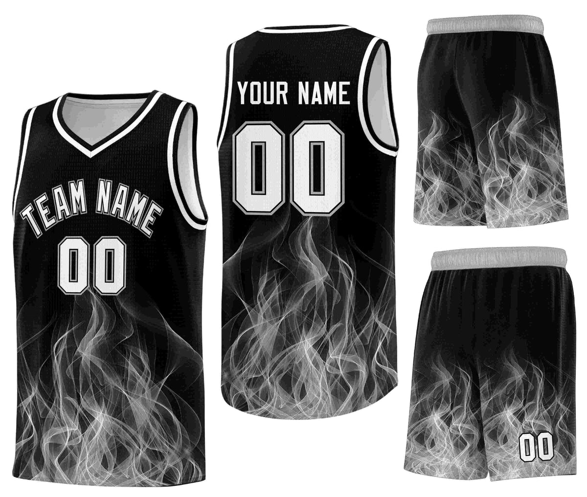 Custom Black Gray Flame Graffiti Pattern Breathable Personalized Uniform Basketball Jersey