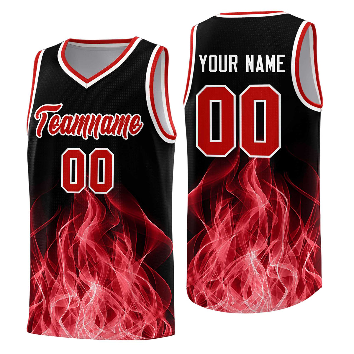 Custom Youth Basketball Jersey Black Red Flame Fire Design Personalized Team Uniform Set