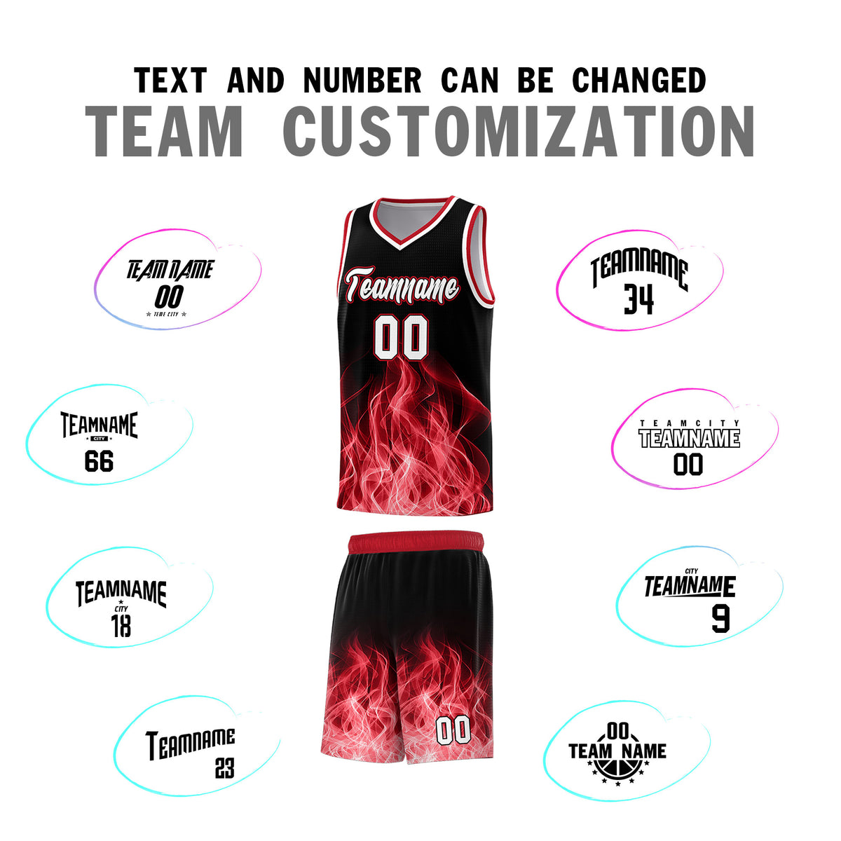 Custom Youth Basketball Jersey Black Red Flame Design Personalized Team Uniform Set