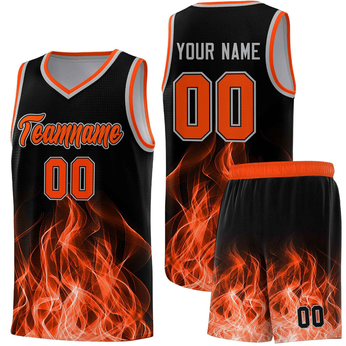 Custom Youth Basketball Jersey Black Orange Flame Design Unique Team Uniform Set
