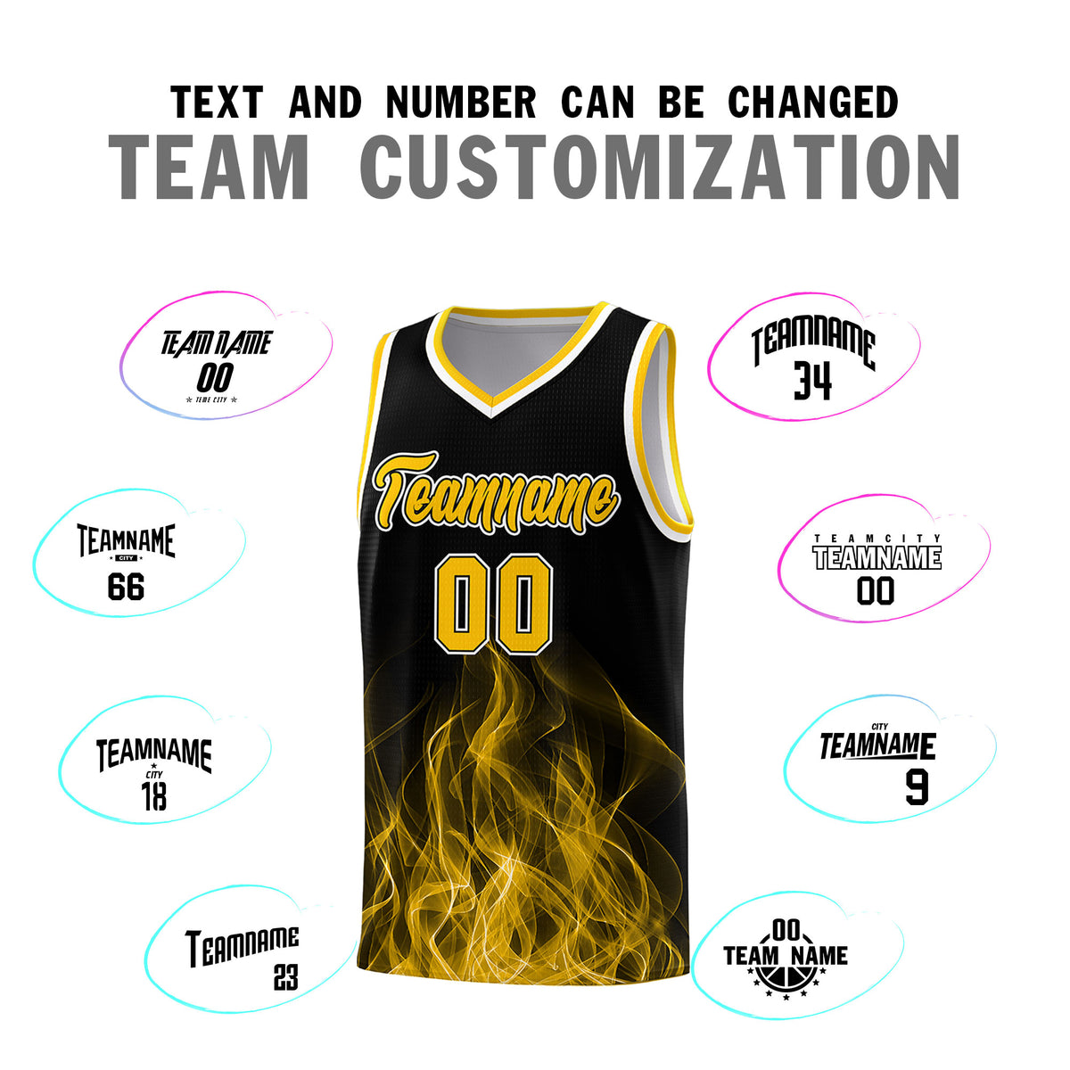 Custom Youth Basketball Jersey Black Yellow Flame Fire Design Personalized Team Uniform Set