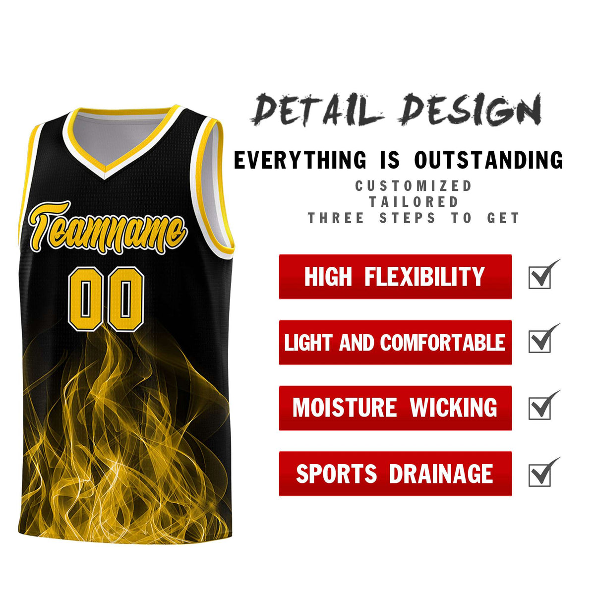 Custom Youth Basketball Jersey Black Yellow Flame Fire Design Personalized Team Uniform Set