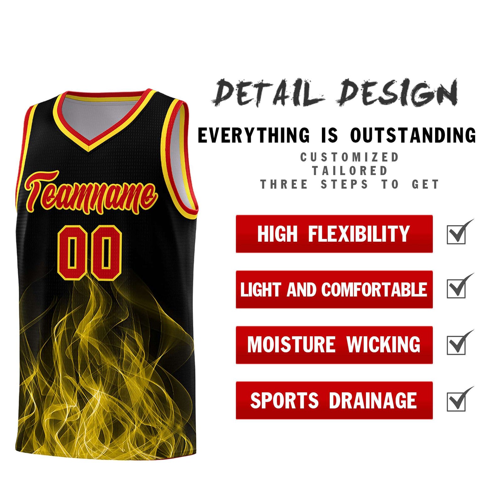 Custom Youth Basketball Jersey Black Gold Flame Design Unique Team Uniform Set