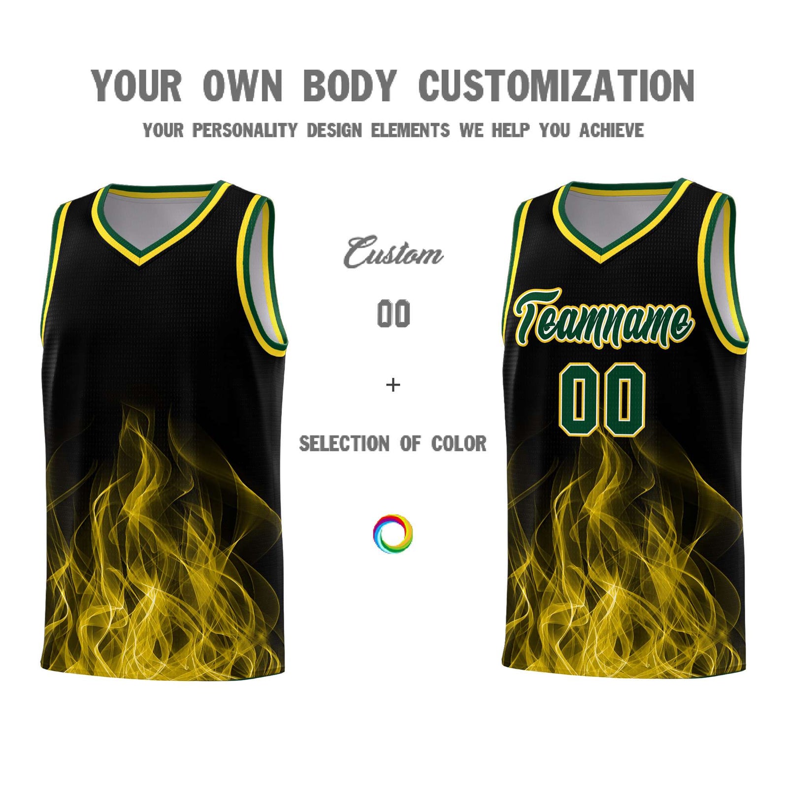 Custom Youth Basketball Jersey Black Gold Flame Design Personalized Team Uniform Set
