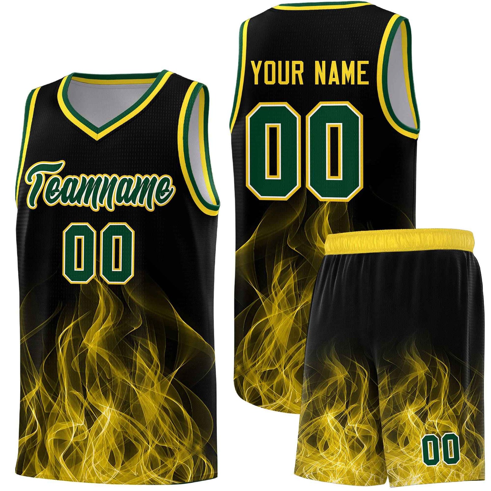 Custom Youth Basketball Jersey Black Gold Flame Design Personalized Team Uniform Set