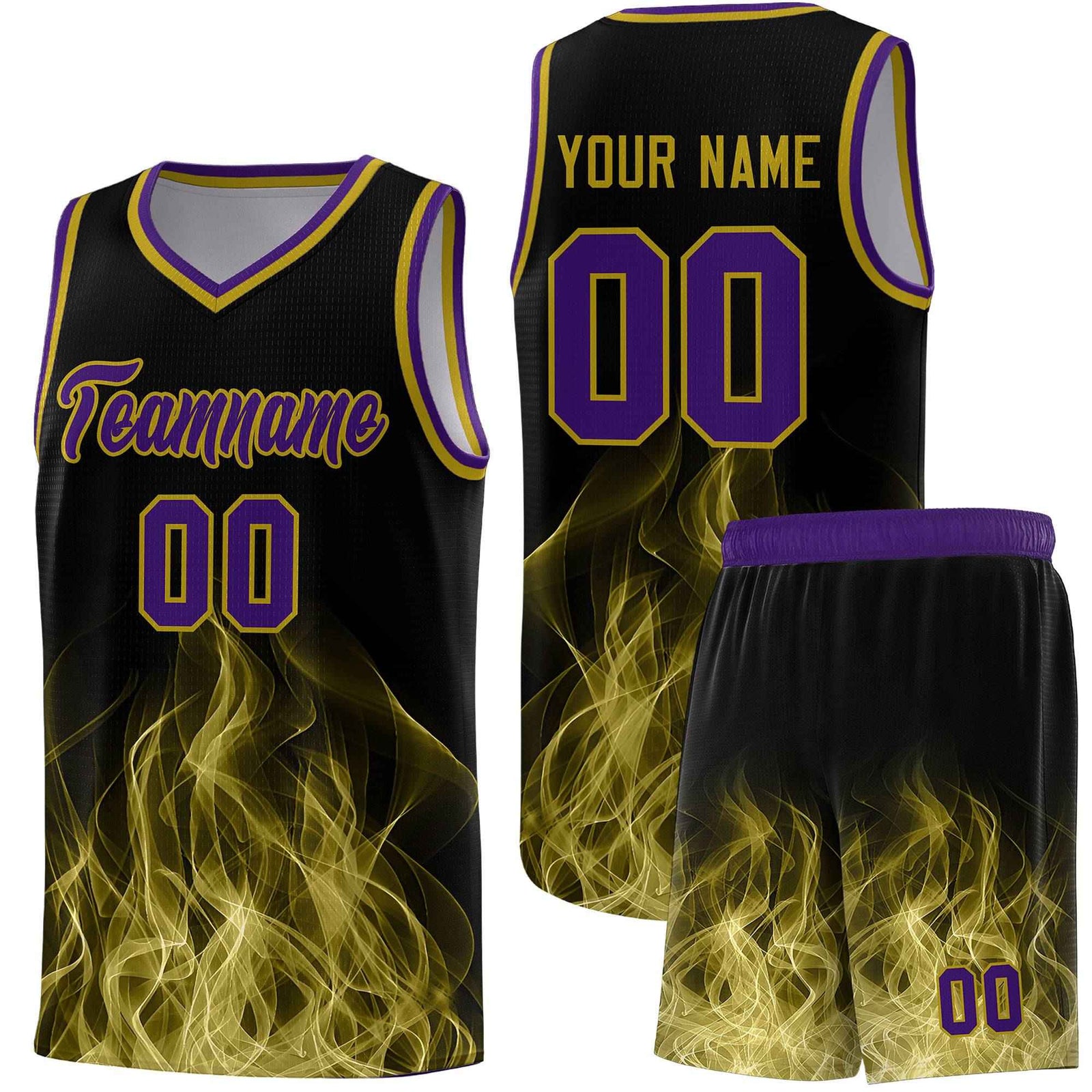 Custom Youth Basketball Jersey Black Purple Flame Design Unique Team Uniform Set