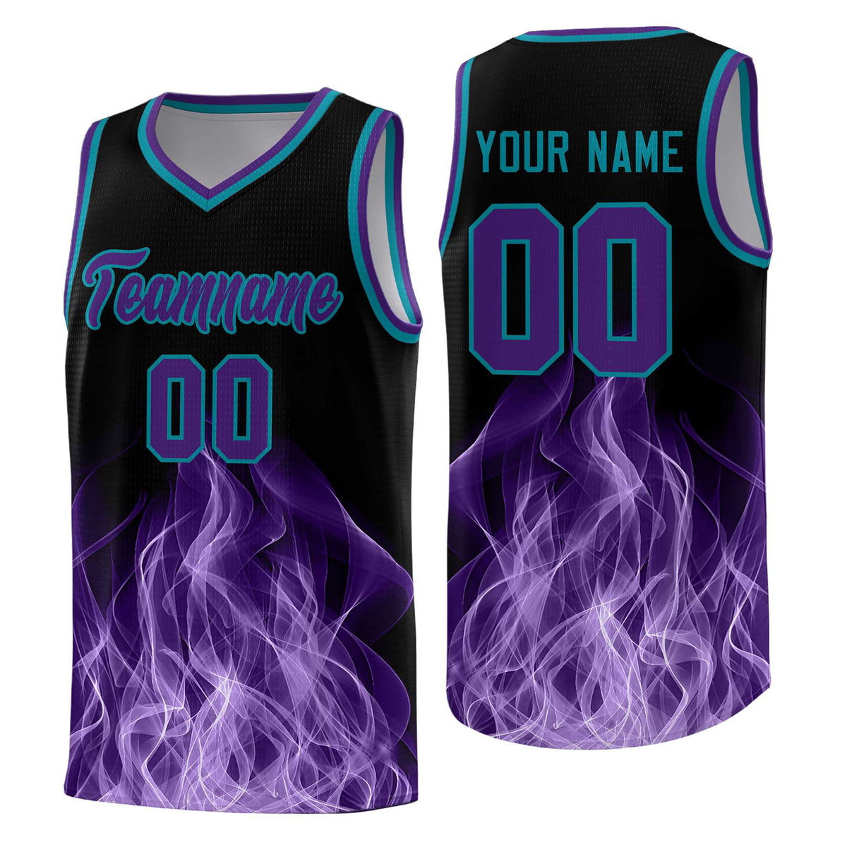 Custom Youth Basketball Jersey Black Teal Flame Design Unique Team Uniform Set