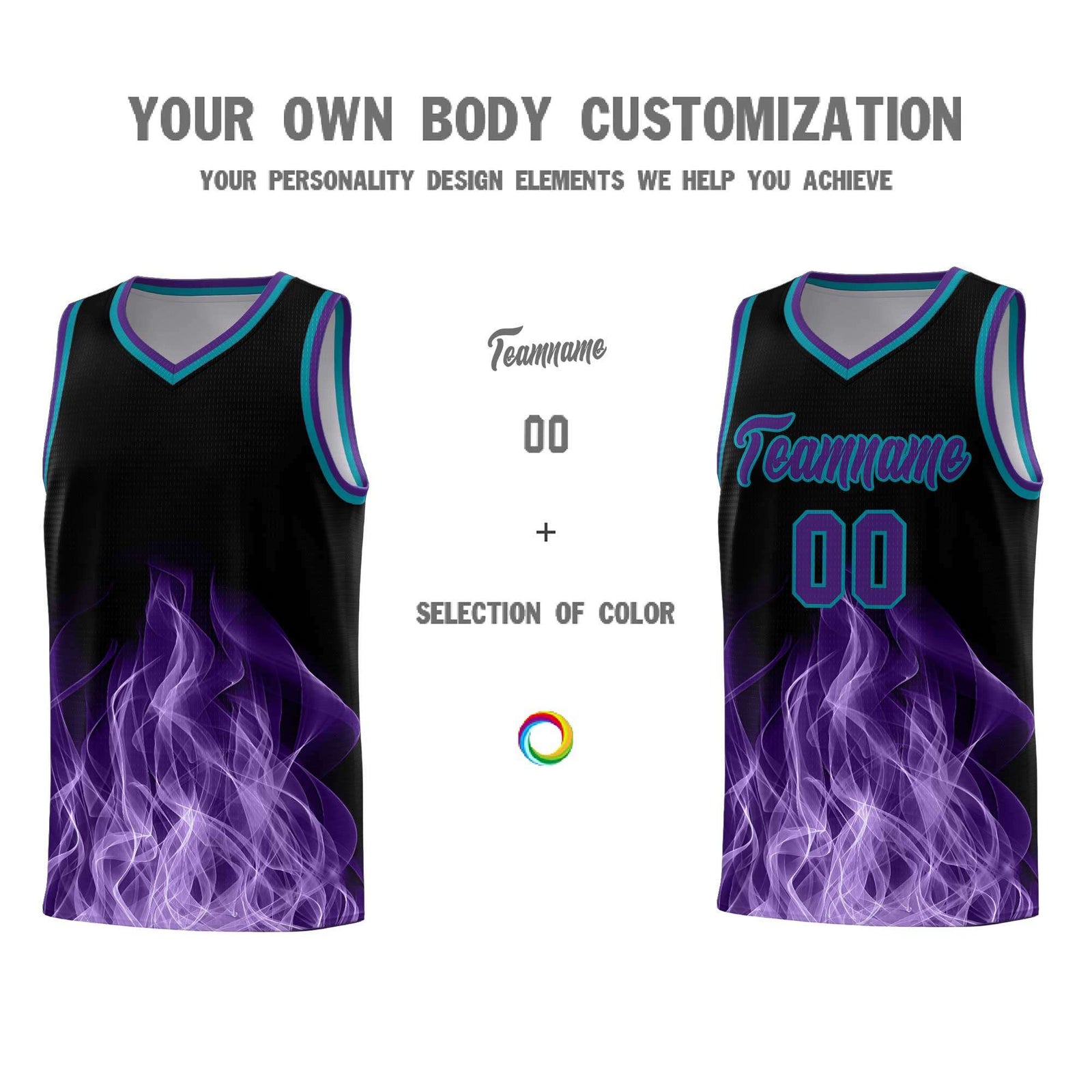 Custom Youth Basketball Jersey Black Teal Flame Design Unique Team Uniform Set
