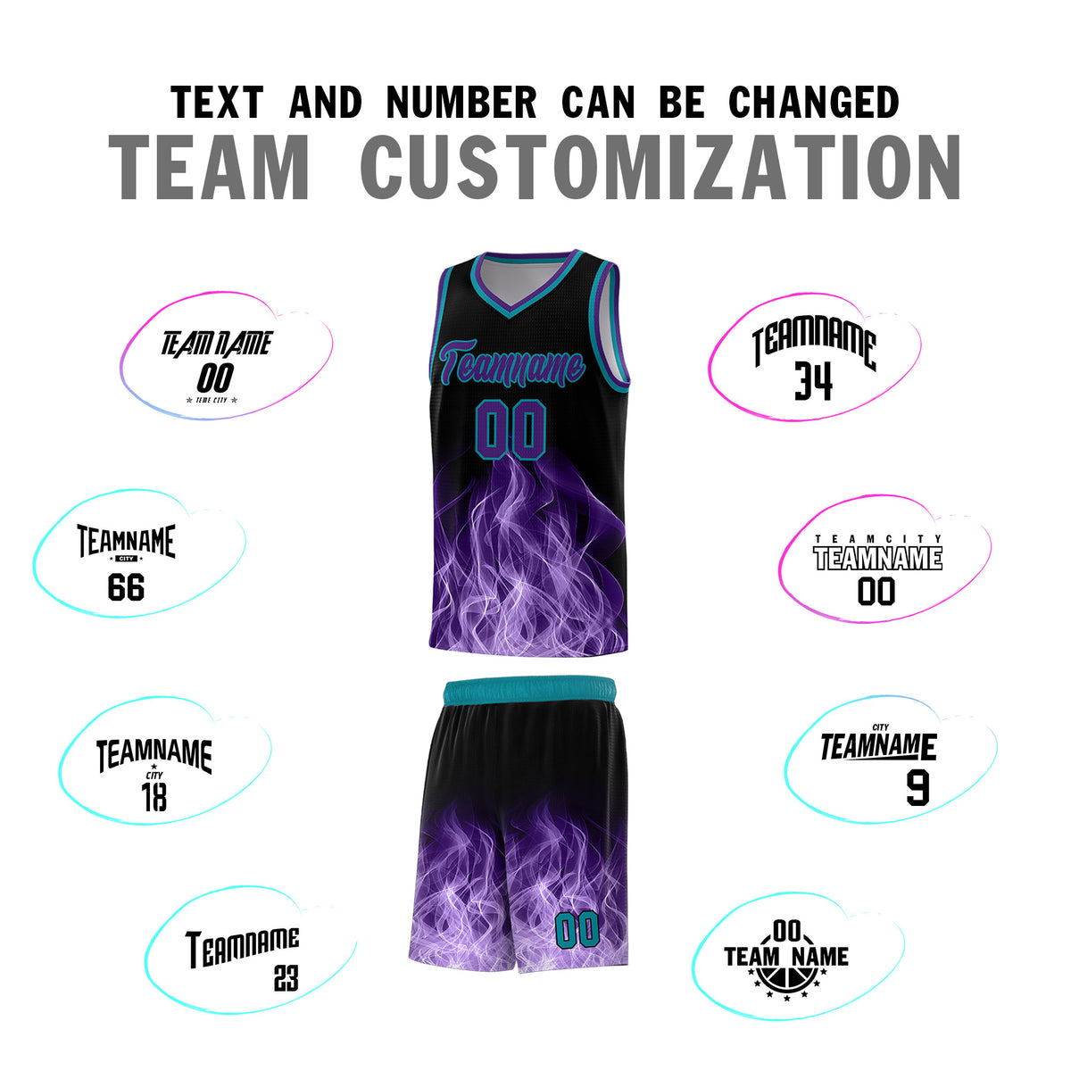 Custom Youth Basketball Jersey Black Teal Flame Design Unique Team Uniform Set