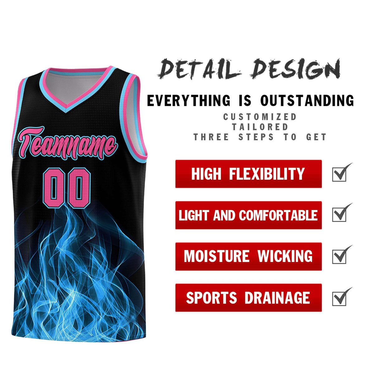 Custom Youth Basketball Jersey Black Pink Flame Design Personalized Team Uniform Set