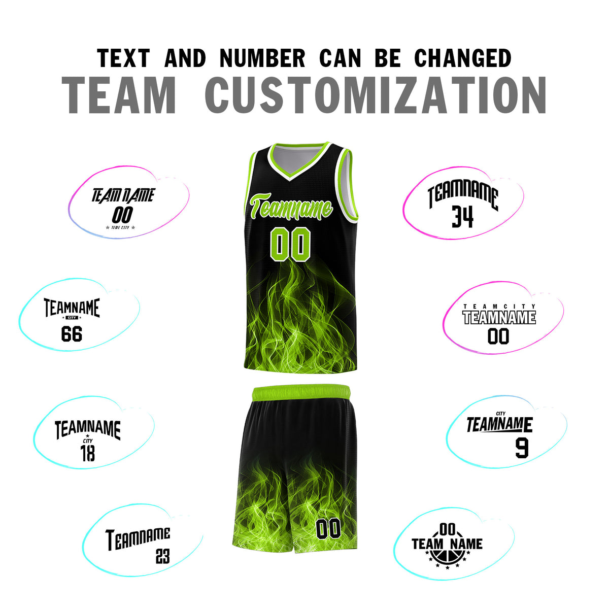 Custom Youth Basketball Jersey Black Neon Green Flame Design Personalized Team Uniform Set