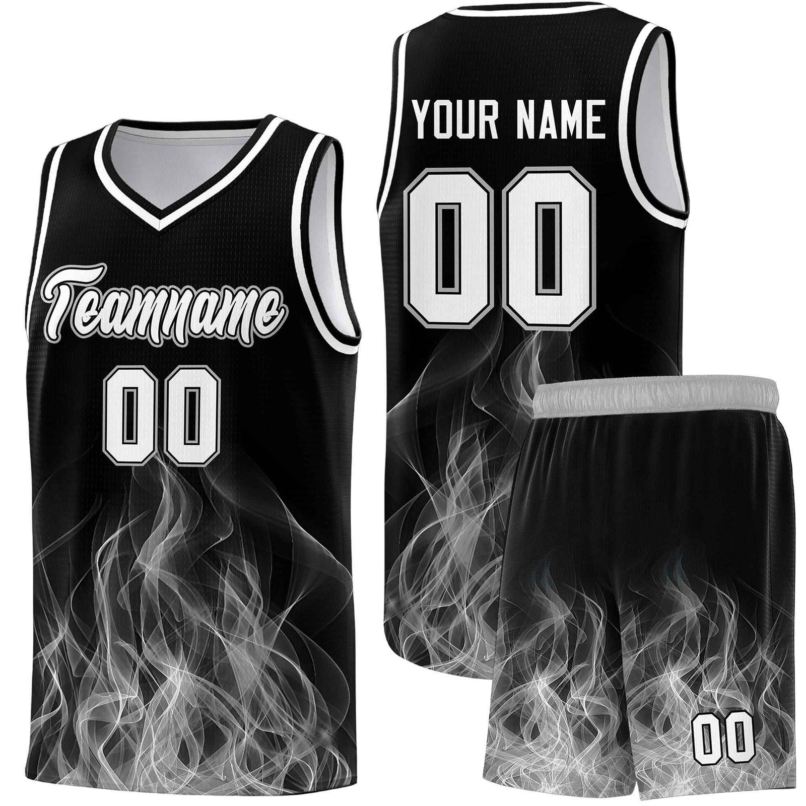 Custom Youth Basketball Jersey Black Gray Flame Fire Design Personalized Team Uniform Set
