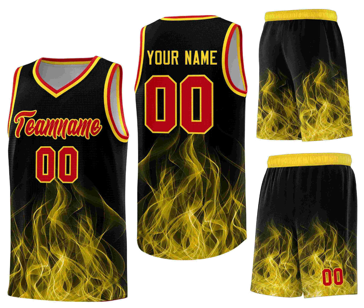Custom Black Gold Flame Graffiti Pattern Quick-Drying Personalized Uniform Basketball Jersey