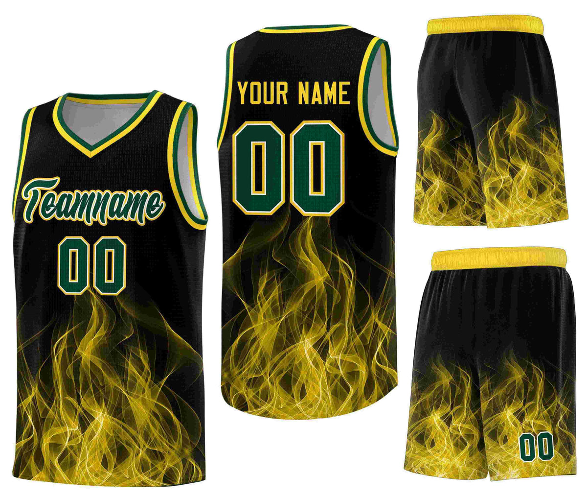 Custom Black Gold Flame Graffiti Pattern Lightweight Personalized Uniform Basketball Jersey