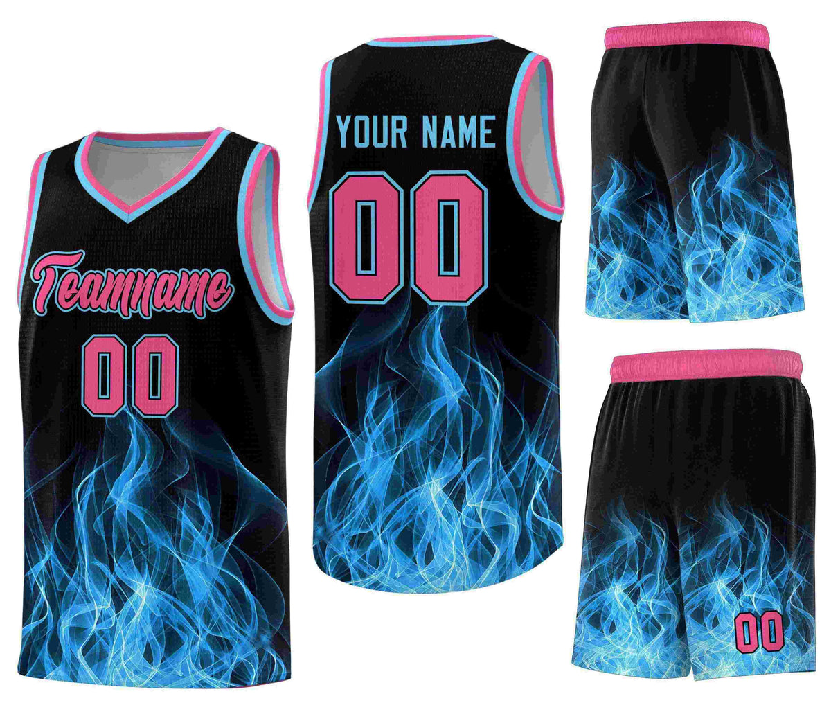 Custom Black Pink Flame Graffiti Pattern Sublimation Printing Personalized Uniform Basketball Jersey
