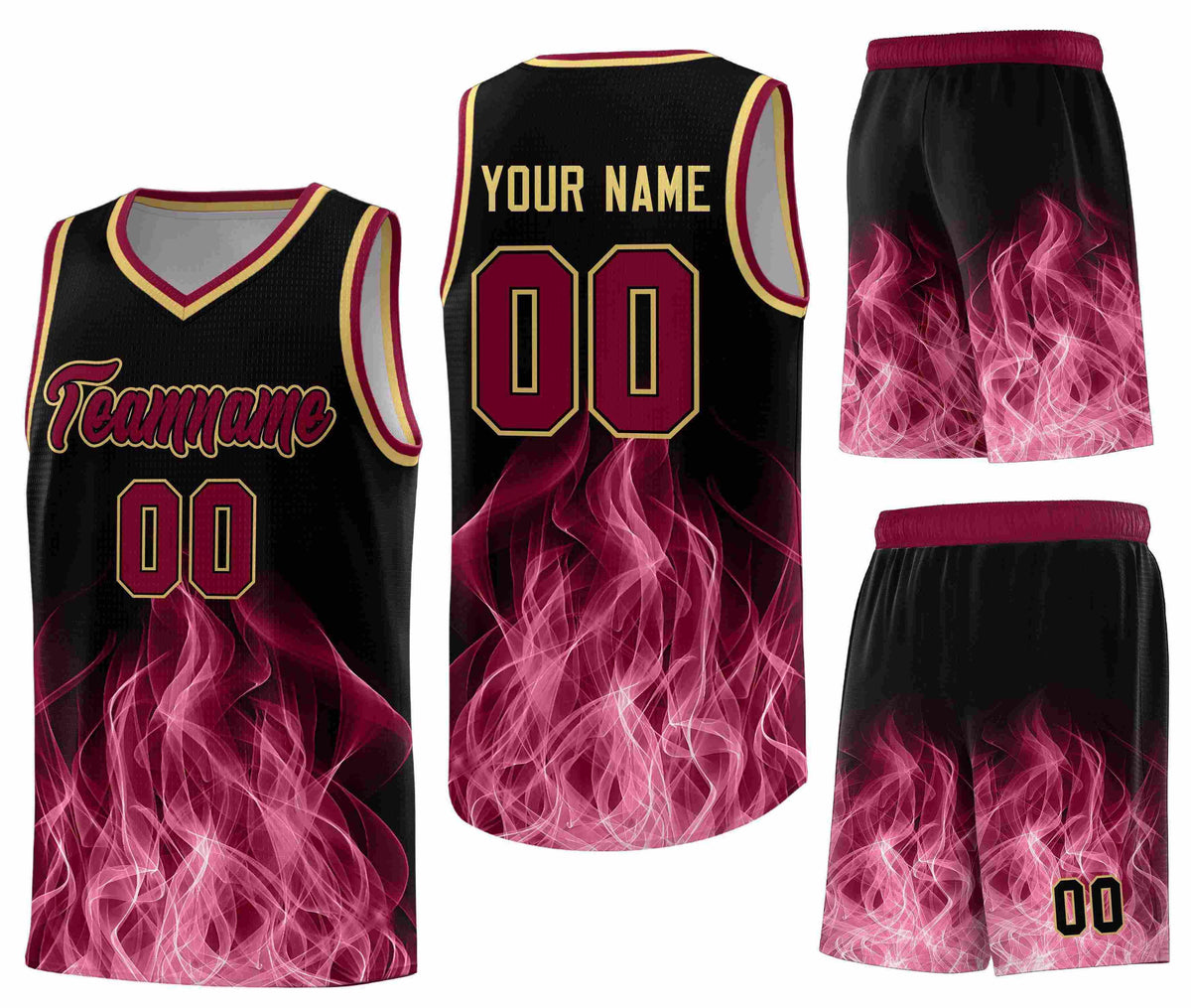 Custom Black Crimson Flame Graffiti Pattern Drapable Personalized Uniform Basketball Jersey