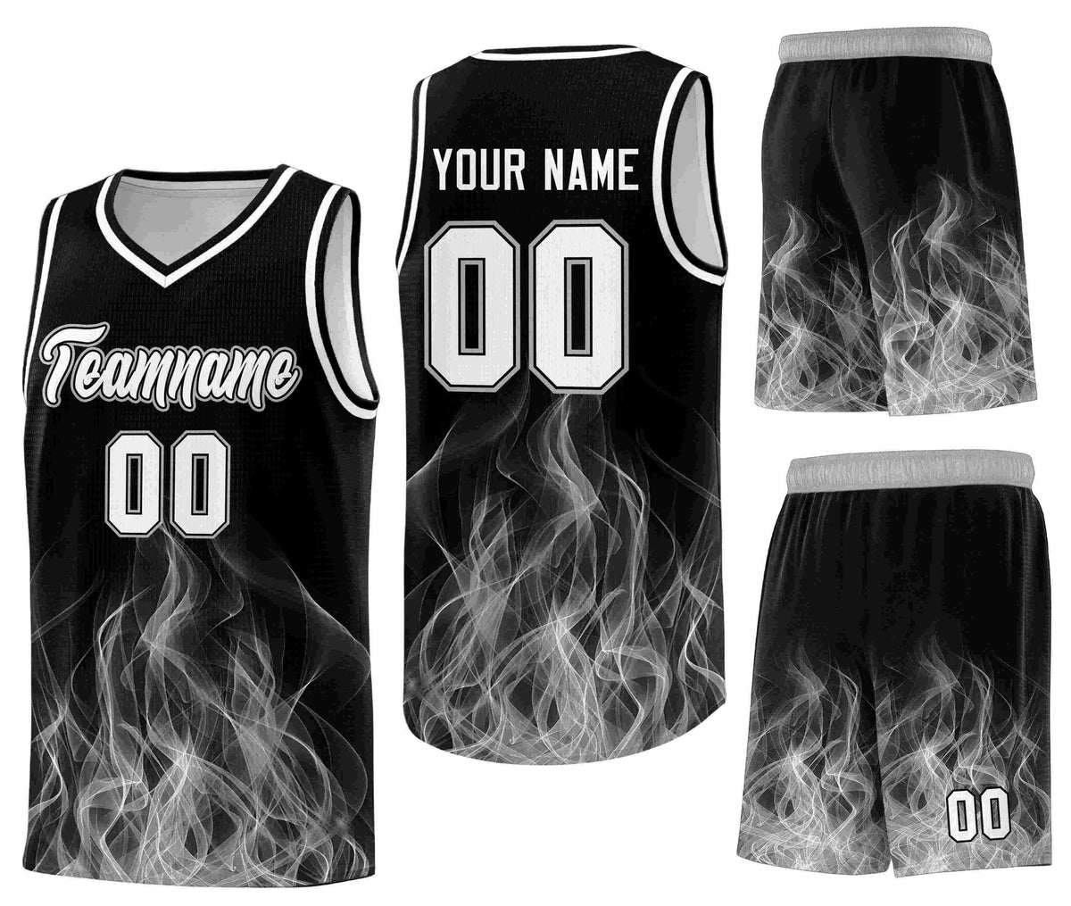 Custom Black Gray Flame Graffiti Pattern Breathable Personalized Uniform Basketball Jersey